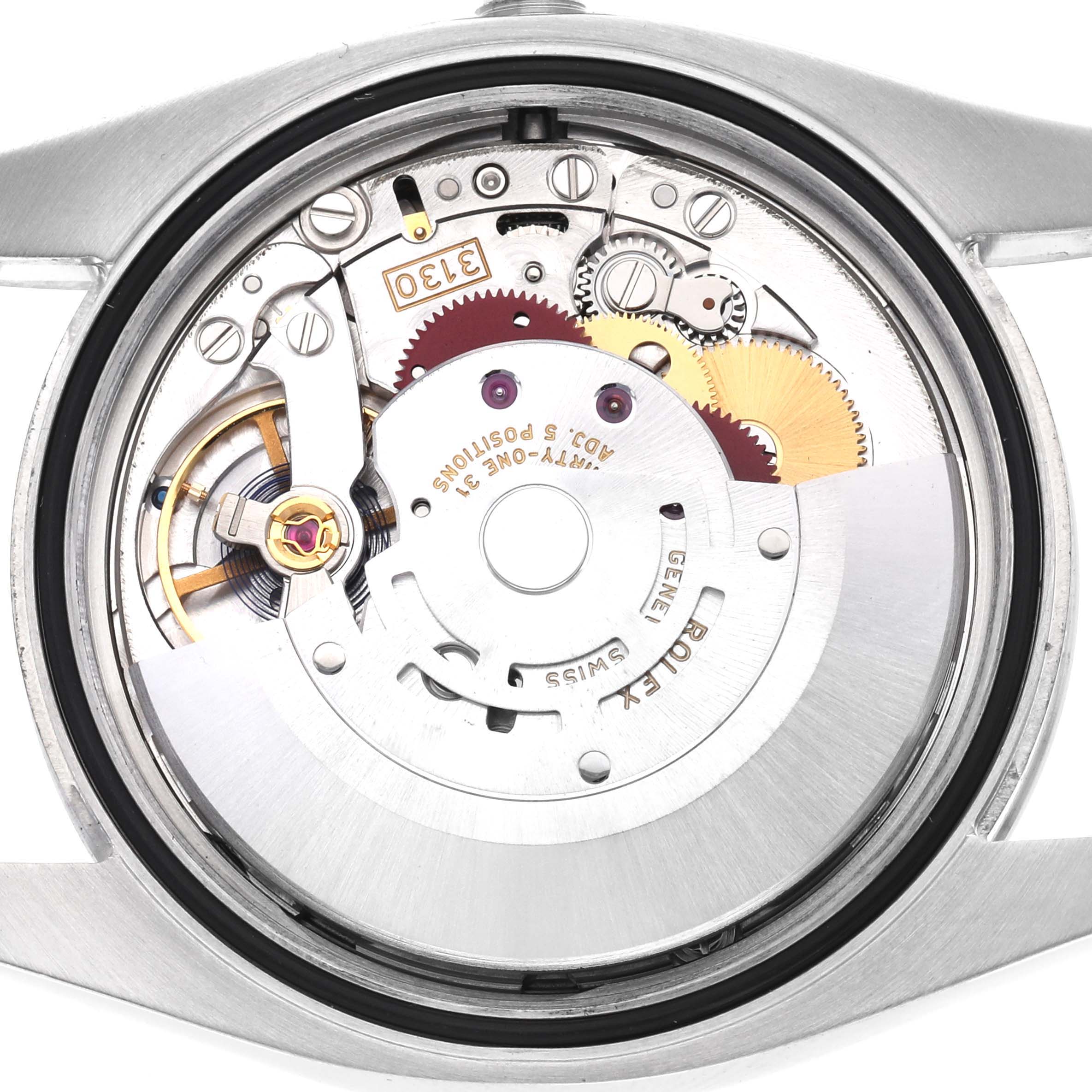 The image shows the movement mechanism of a Rolex Oyster Perpetual 116000 Men's Stainless Steel Silver Dial watch from the back, highlighting gears and cogs.