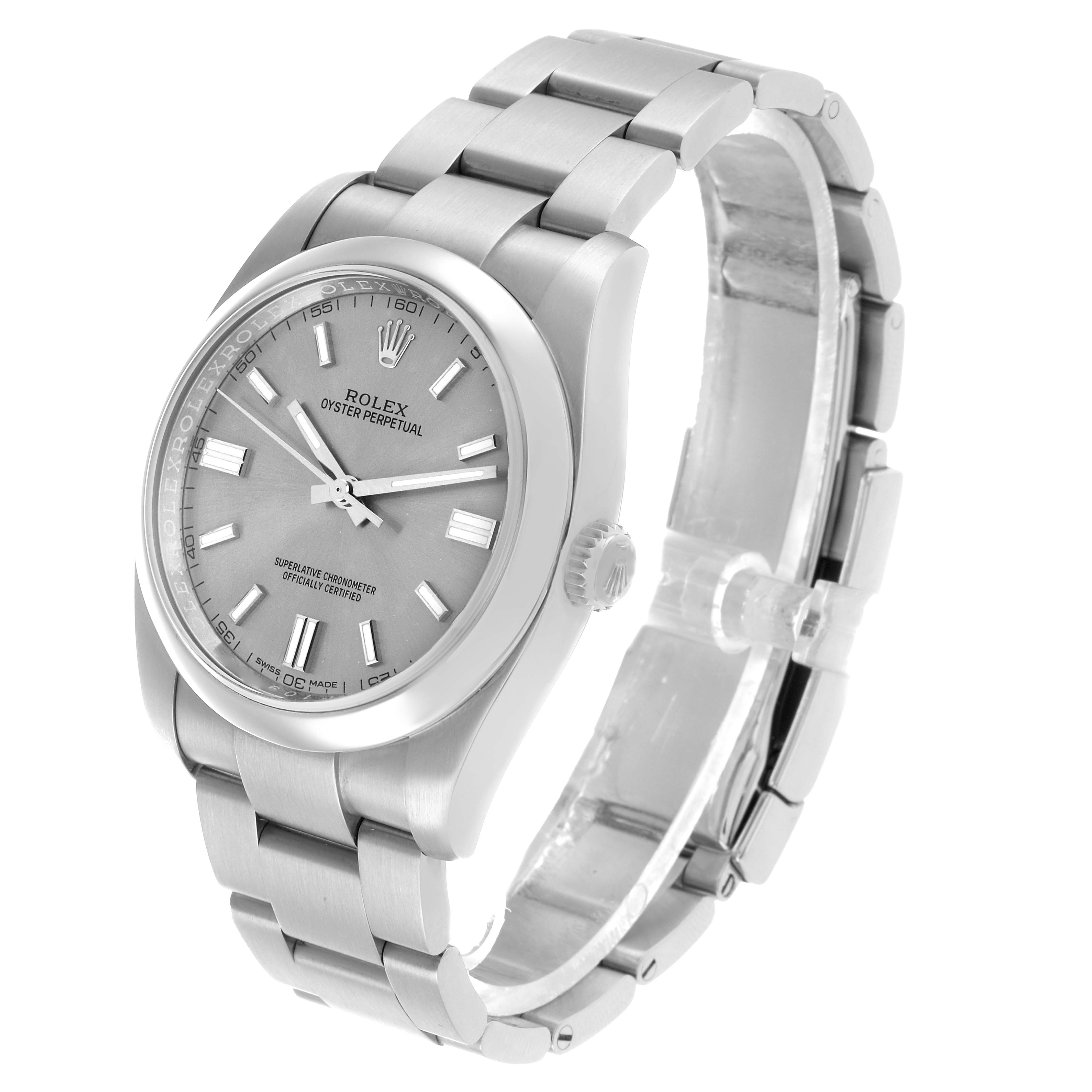 The Rolex Oyster Perpetual 116000 Men's Stainless Steel Silver Dial is shown at a three-quarter angle, highlighting the dial, bracelet, and crown.