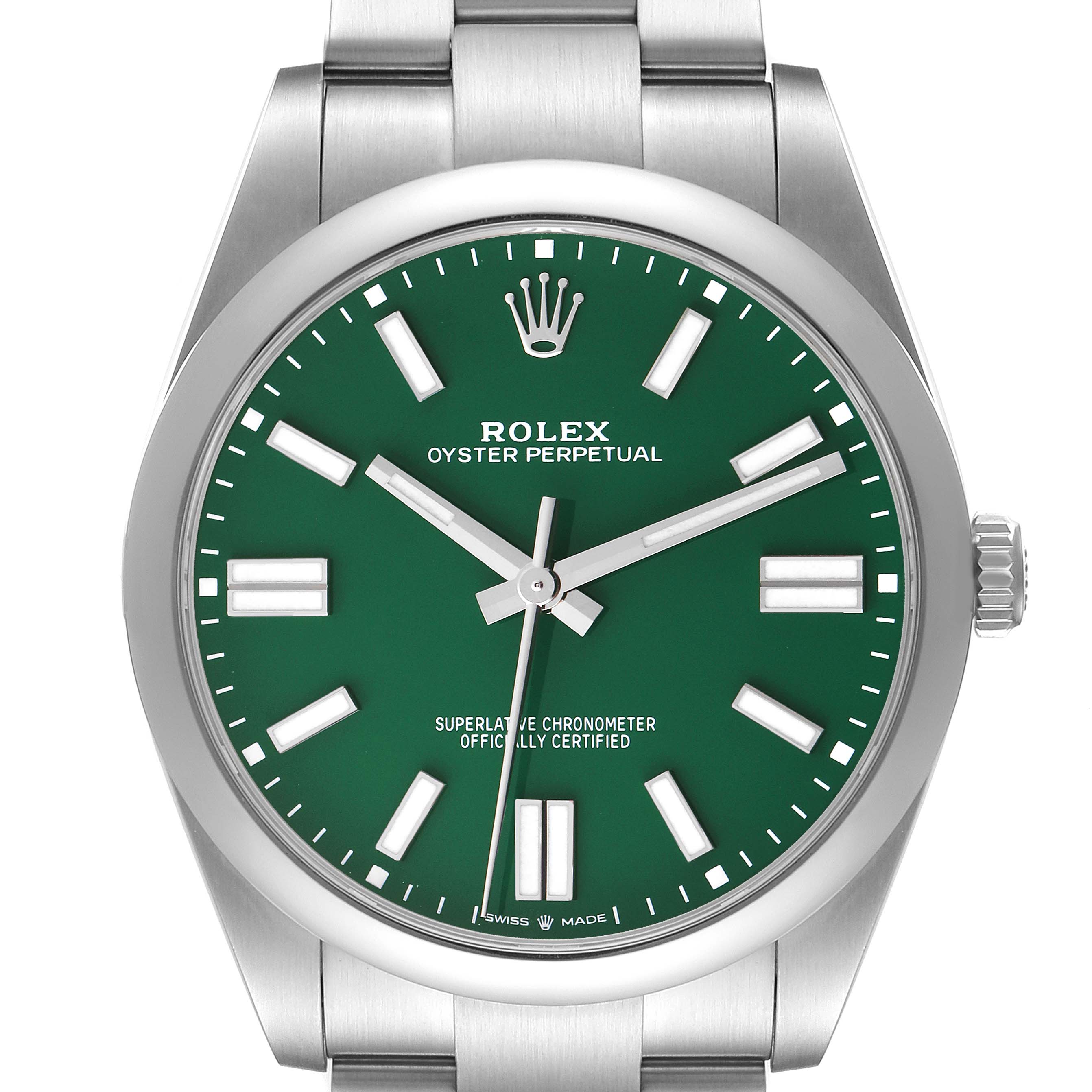 The Rolex Oyster Perpetual 124300 Men's Stainless Steel Green Dial watch is shown from the front, highlighting its green dial, hour markers, hands, and crown.