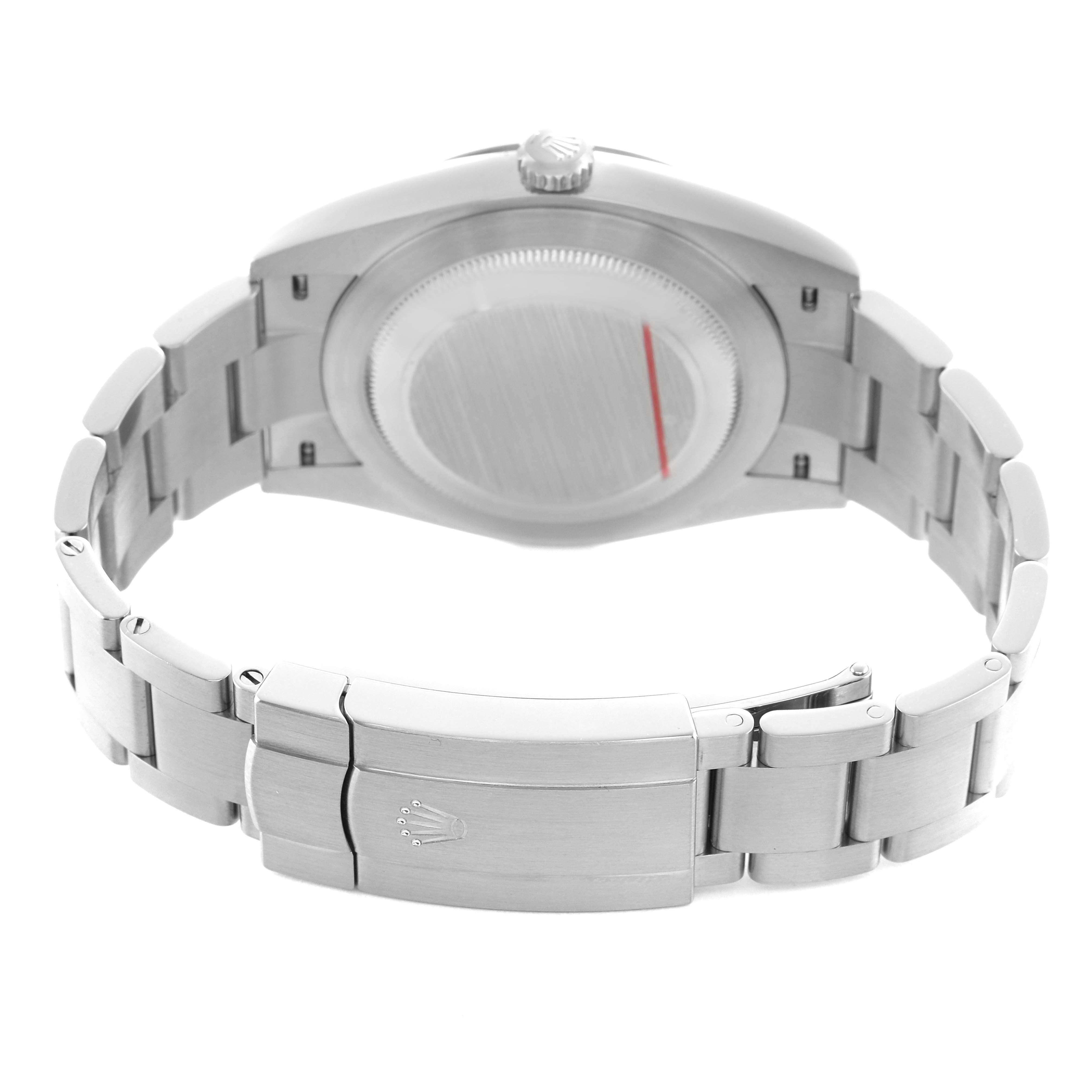 The Rolex Oyster Perpetual 124300 Men's Stainless Steel Green Dial watch is shown from the back, displaying the case back and the bracelet with its clasp.