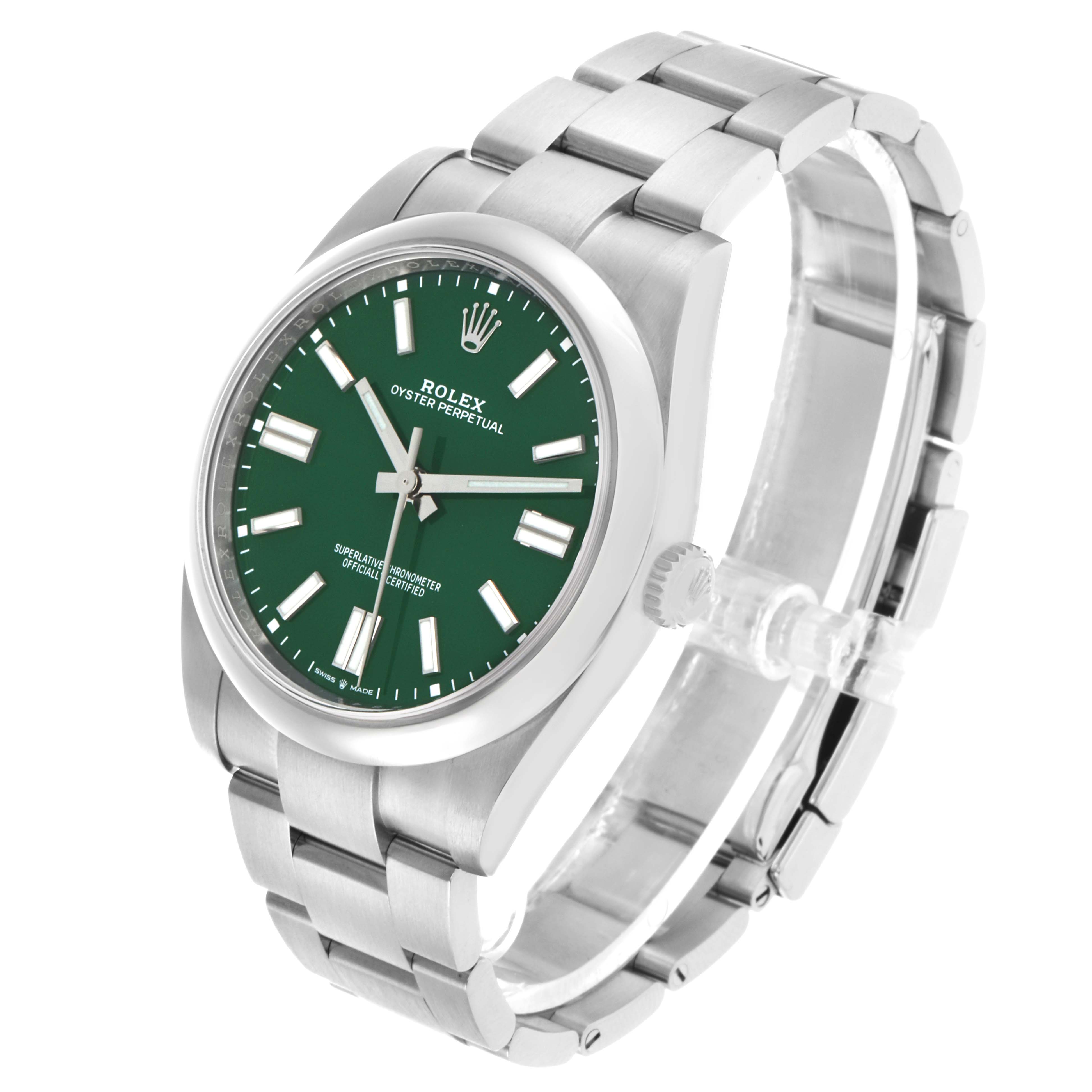 The Rolex Oyster Perpetual 124300 Men's Stainless Steel Green Dial watch is shown at a three-quarter angle, displaying the face, crown, and bracelet.