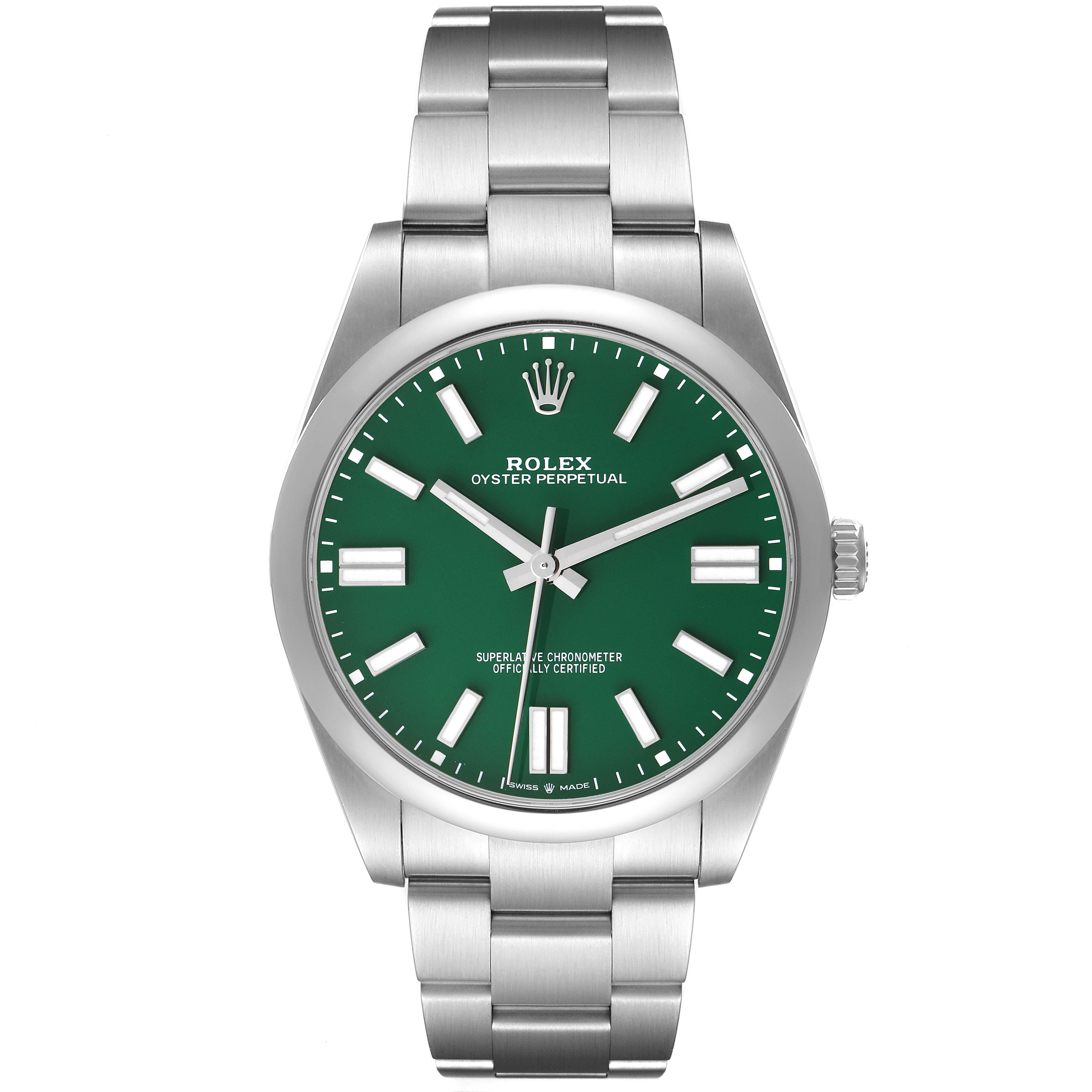 The Rolex Oyster Perpetual 124300 Men's Stainless Steel Green Dial watch is shown from a front angle, displaying its green dial and stainless steel bracelet.