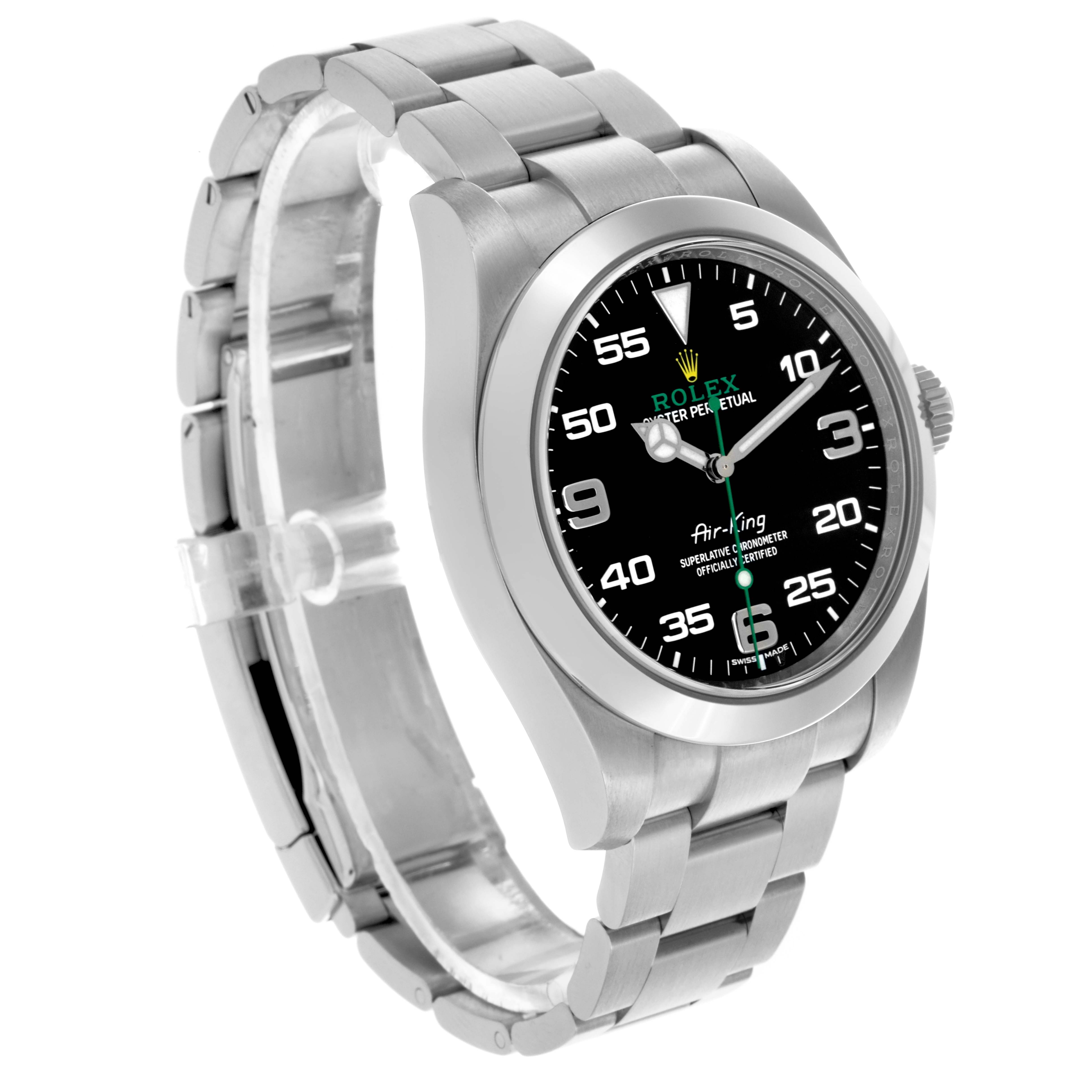 The Rolex Air-King 116900 Men's Stainless Steel Black Dial 116900 Men's Stainless Steel Black Dial watch is shown at a three-quarter angle, highlighting the face and bracelet.