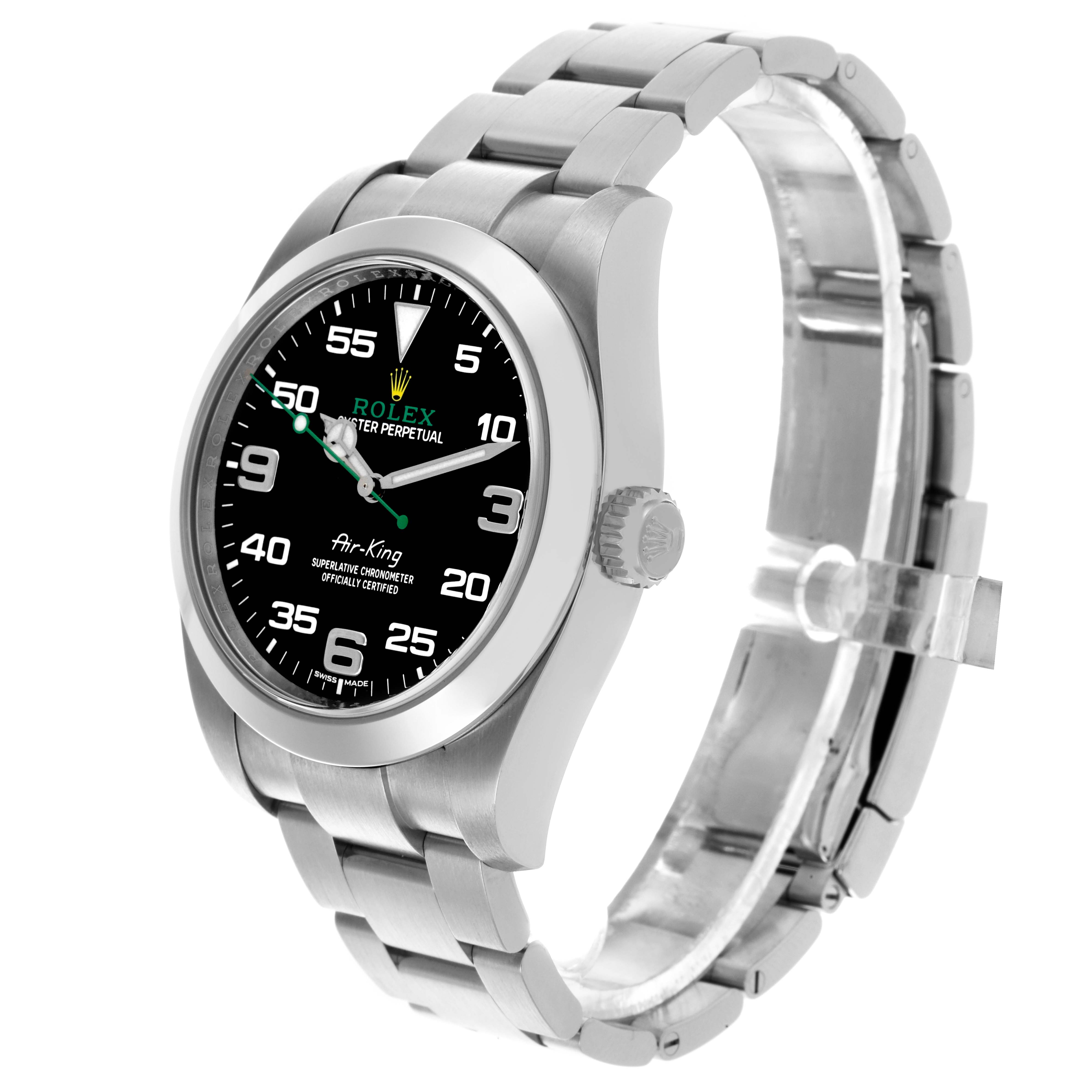 The Rolex Air-King 116900 Men's Stainless Steel Black Dial 116900 Men's Stainless Steel Black Dial watch is shown from a three-quarter angle, displaying the dial, bezel, crown, and bracelet.