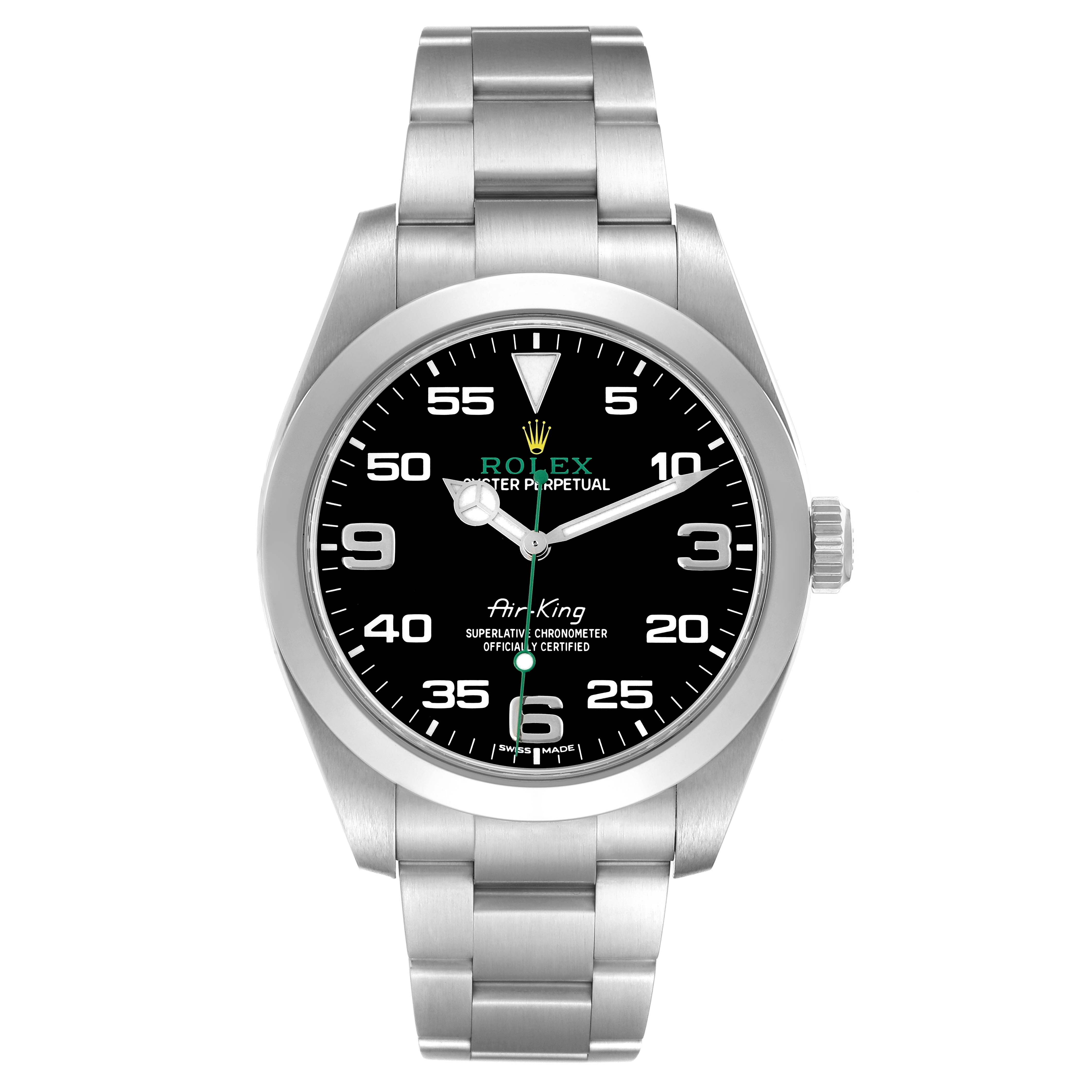 The Rolex Air-King 116900 Men's Stainless Steel Black Dial 116900 Men's Stainless Steel Black Dial watch is shown from a front angle, displaying the face, bezel, case, crown, and bracelet.