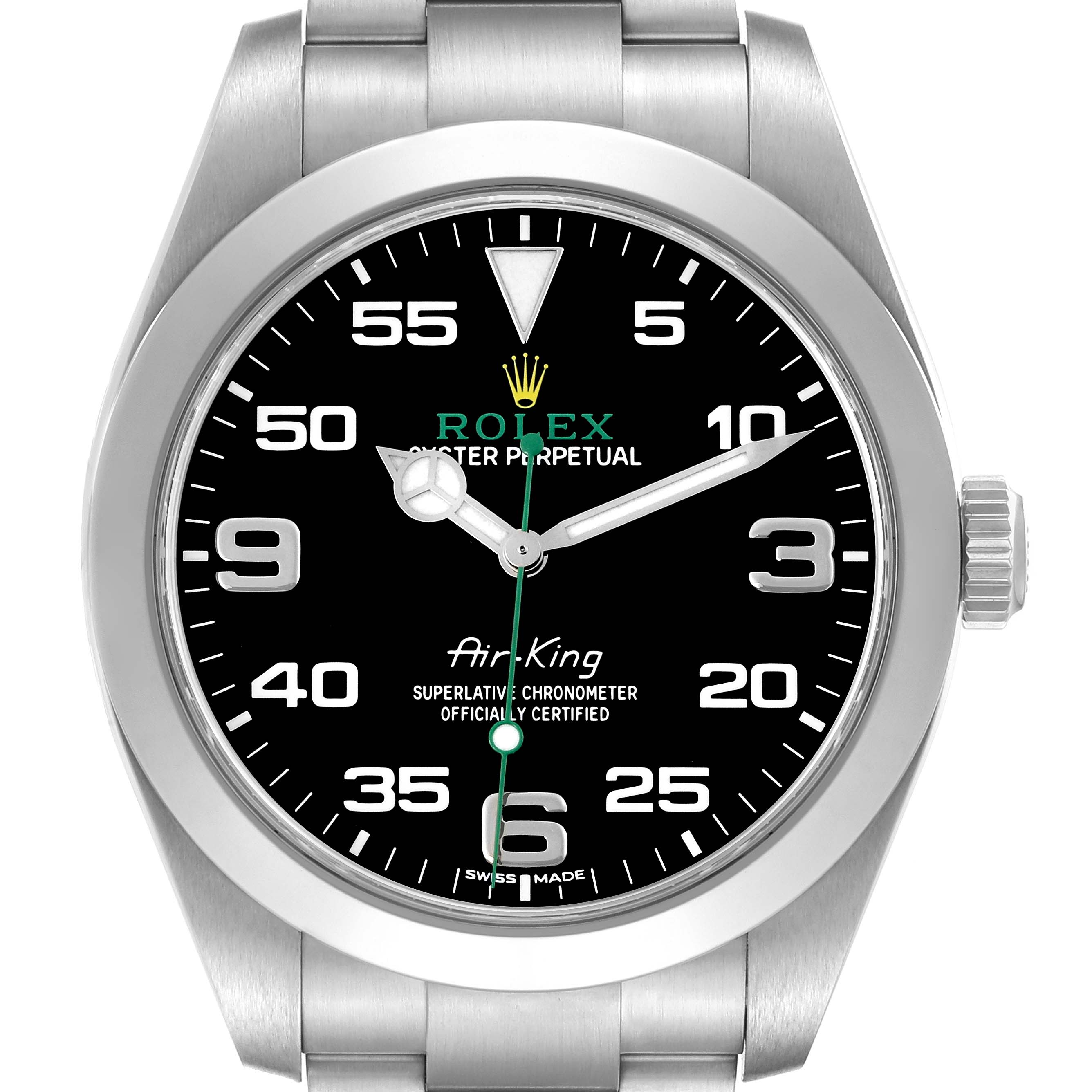 The Rolex Air-King 116900 Men's Stainless Steel Black Dial 116900 Men's Stainless Steel Black Dial watch is shown from the front, displaying the dial, bezel, and partial bracelet.
