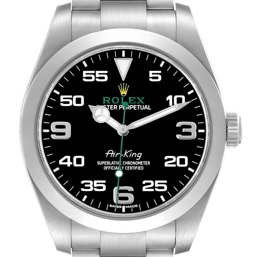 The Rolex Air-King watch is shown from the front, displaying the dial, bezel, and partial bracelet.