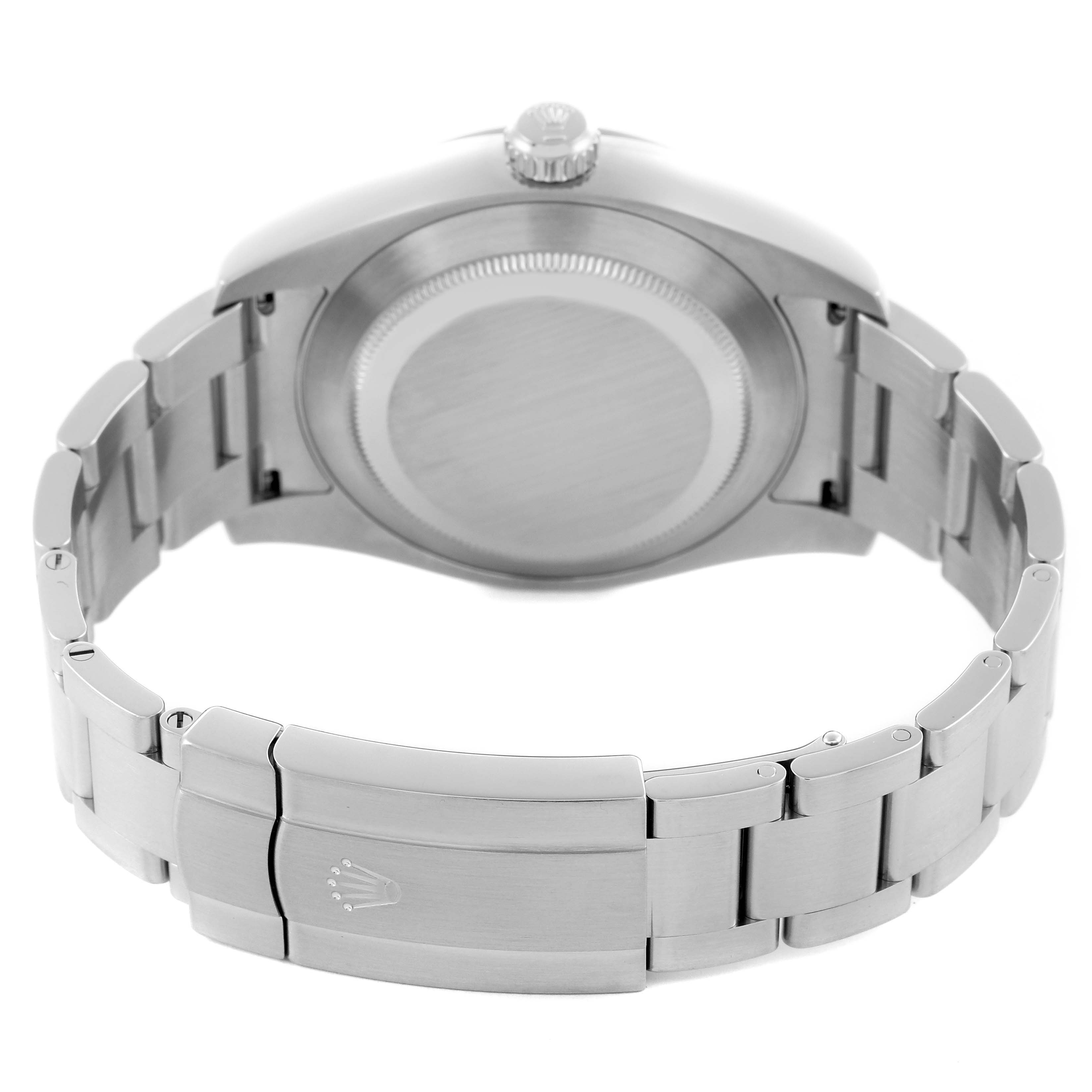 The image shows the back of a Rolex Air-King 116900 Men's Stainless Steel Black Dial 116900 Men's Stainless Steel Black Dial watch, highlighting the case and bracelet with the clasp.