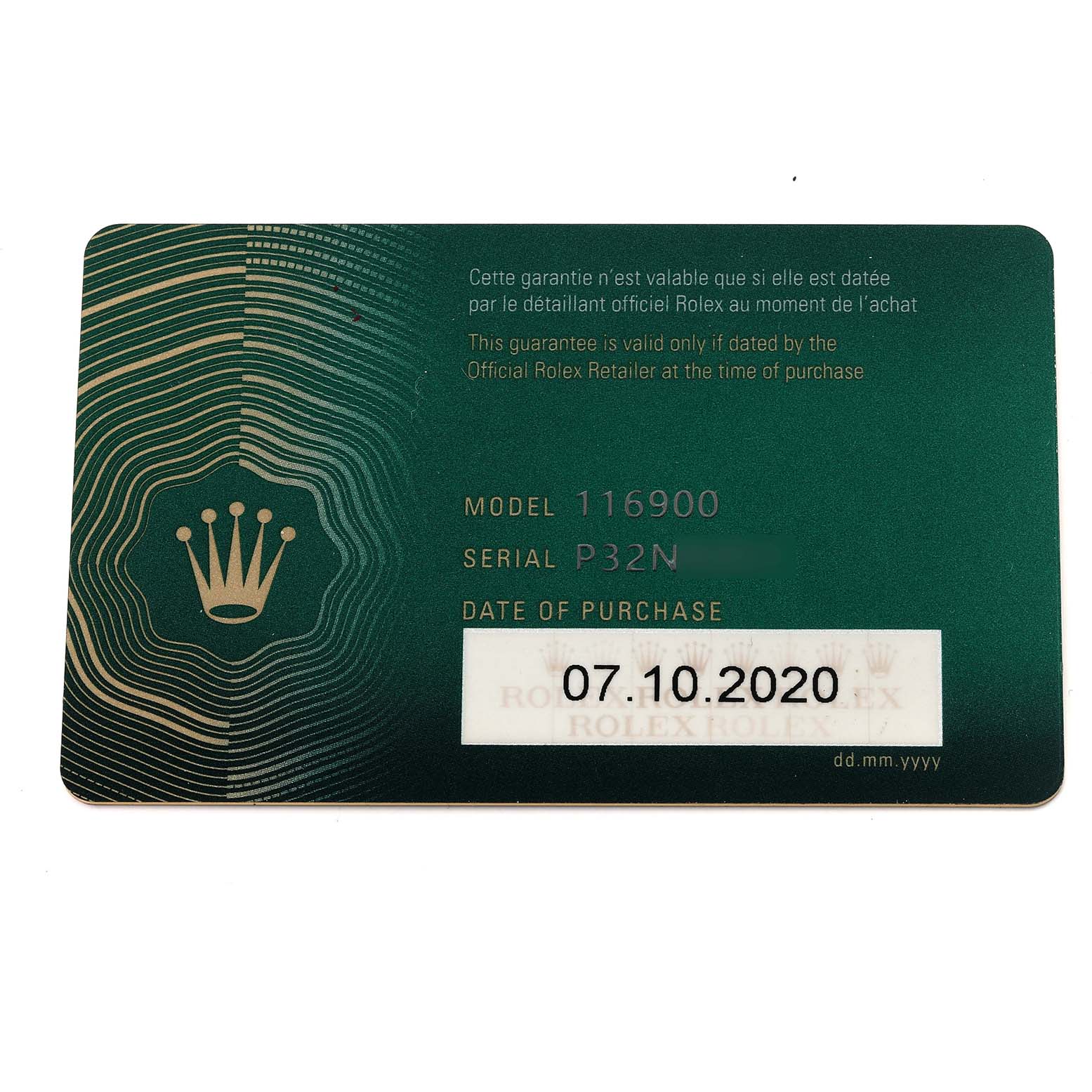 The image shows a Rolex Air-King 116900 Men's Stainless Steel Black Dial 116900 Men's Stainless Steel Black Dial warranty card with model and serial numbers.