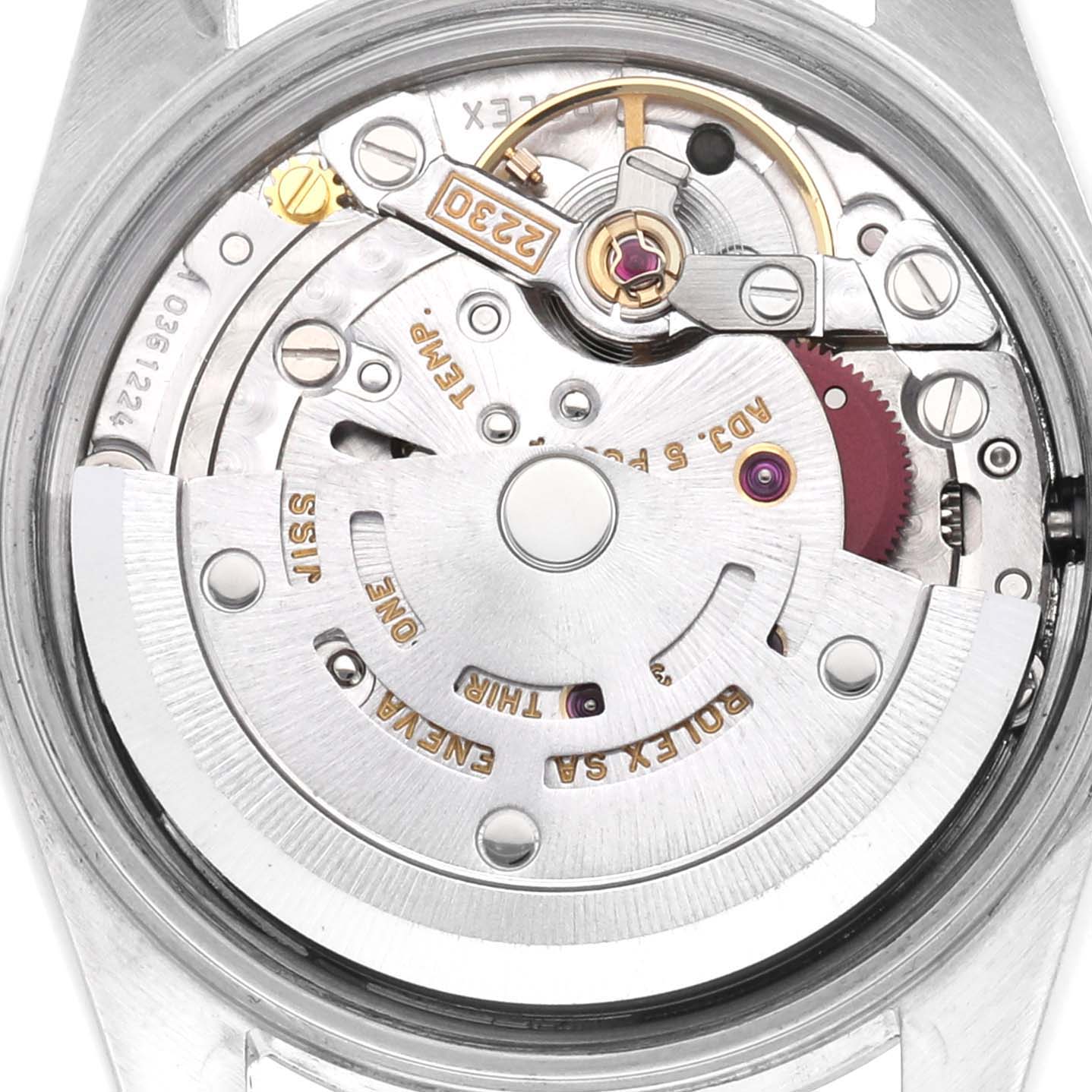 The image shows the movement mechanism of a Rolex Oyster Perpetual 76094 Women's Stainless Steel Black Dial watch from a close-up, top-down angle.