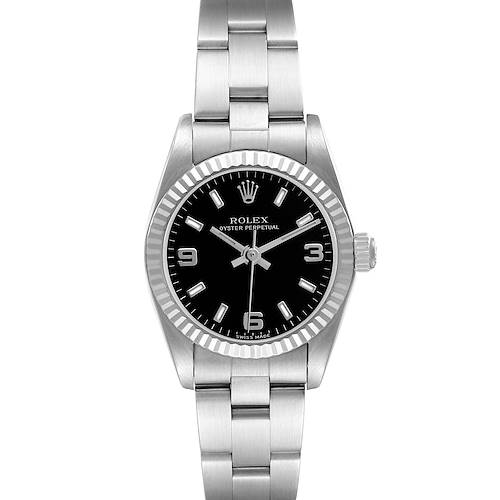 The Rolex Oyster Perpetual 76094 Women's Stainless Steel Black Dial watch is shown from the front, displaying its dial, bezel, bracelet, and crown.