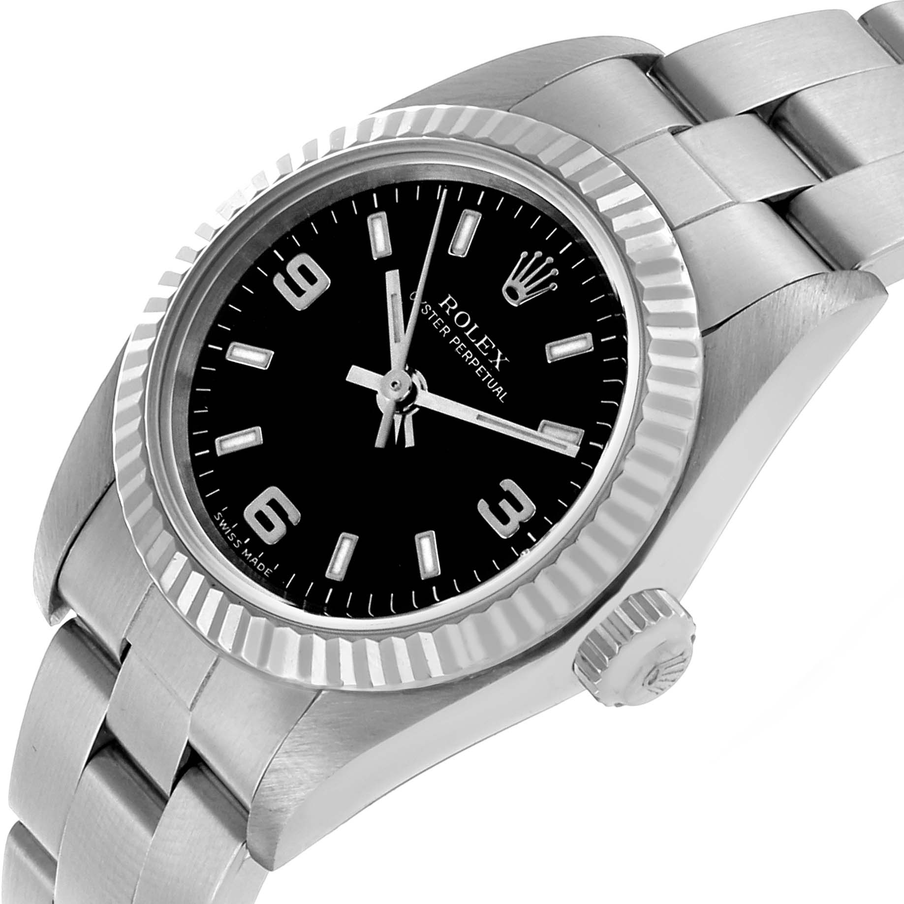 The Rolex Oyster Perpetual 76094 Women's Stainless Steel Black Dial watch is shown at a tilted angle, highlighting the face, bezel, crown, and part of the bracelet.