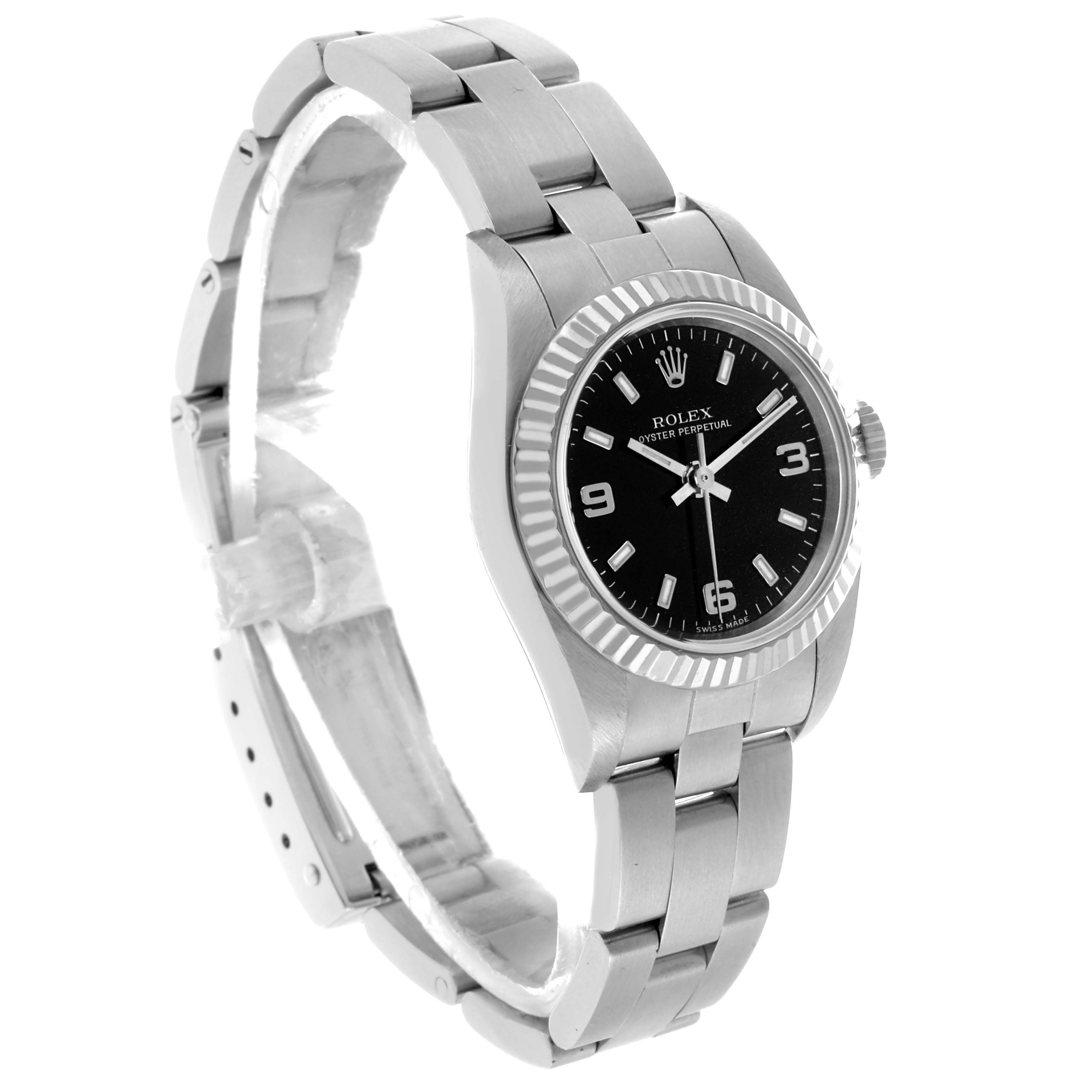 The Rolex Oyster Perpetual 76094 Women's Stainless Steel Black Dial watch is shown at an angle displaying the face, bezel, crown, and full bracelet.