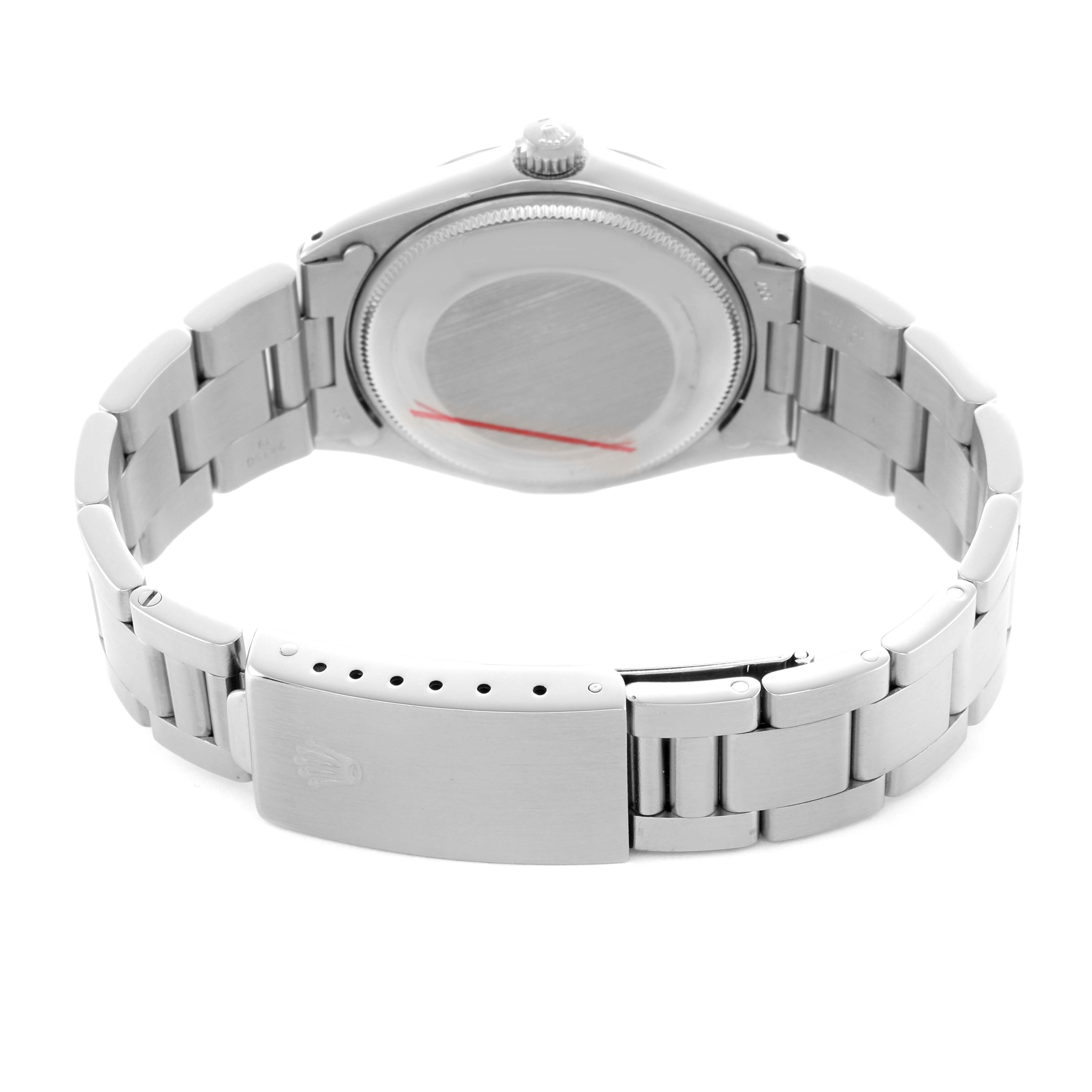 The image shows the back case and bracelet clasp of a Rolex Oyster Perpetual 1002 Men's Stainless Steel Silver Dial watch.