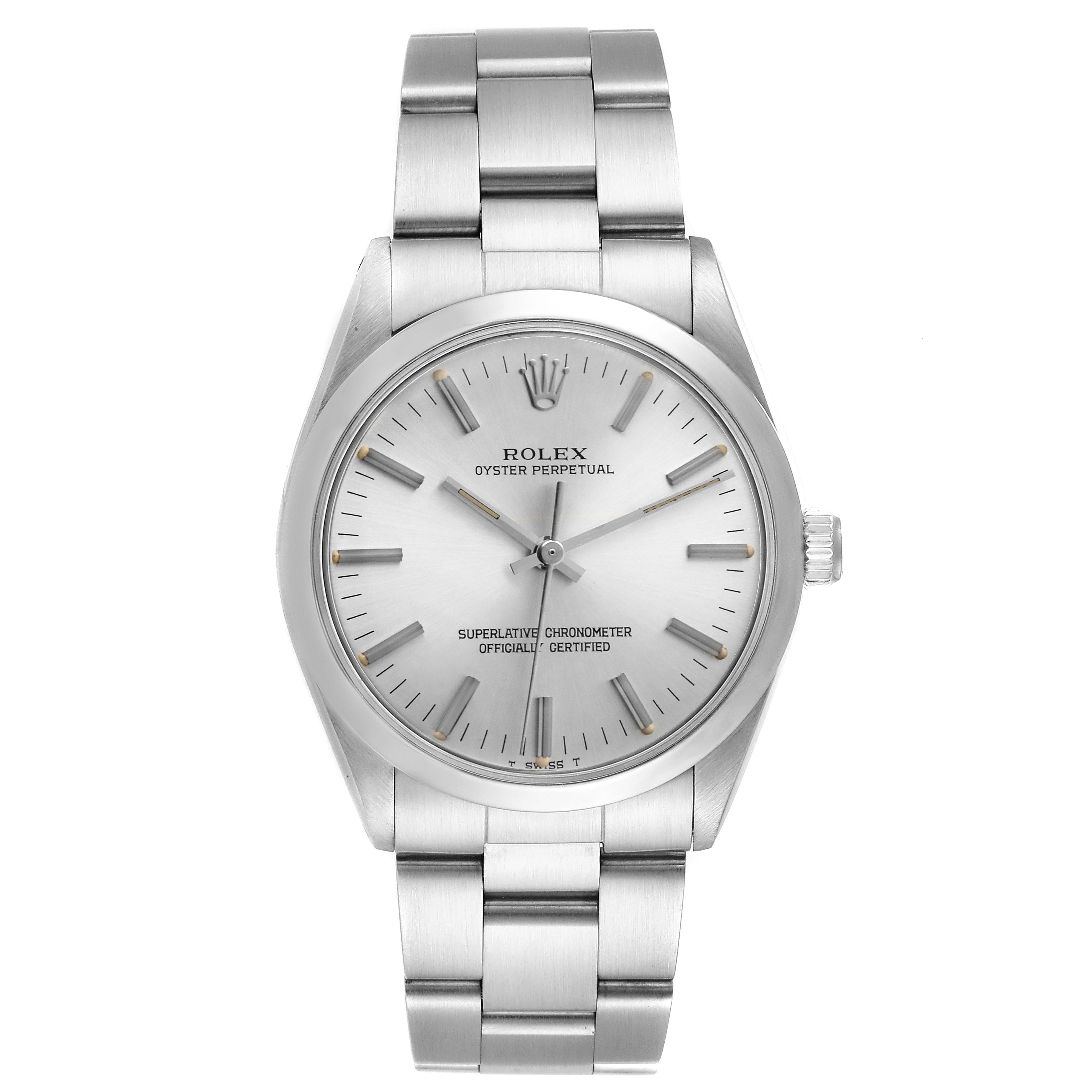 The Rolex Oyster Perpetual 1002 Men's Stainless Steel Silver Dial watch is shown from a front angle, highlighting the face, bezel, and bracelet.