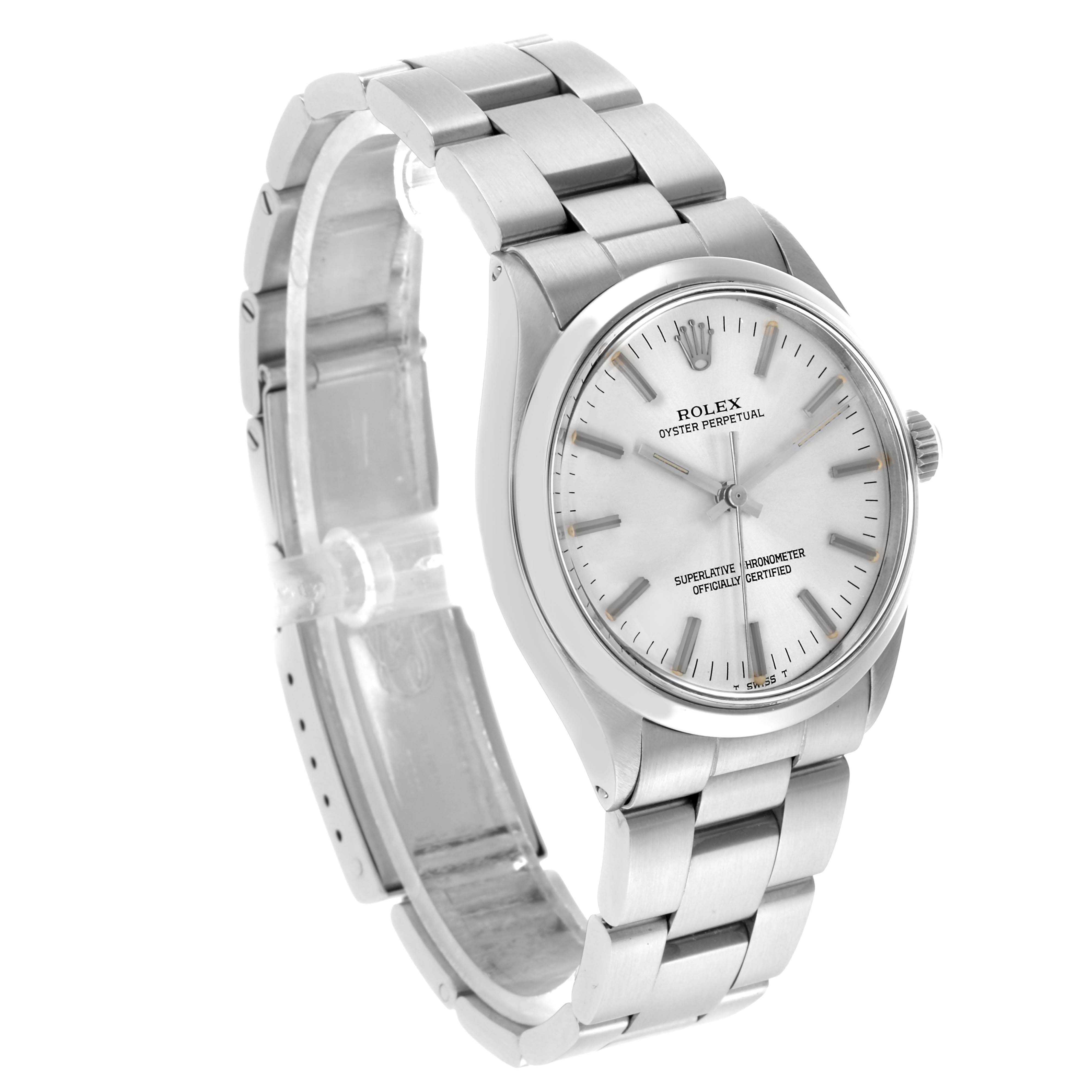 The Rolex Oyster Perpetual 1002 Men's Stainless Steel Silver Dial watch is shown at a three-quarter angle, highlighting the dial, bezel, crown, and metal bracelet.