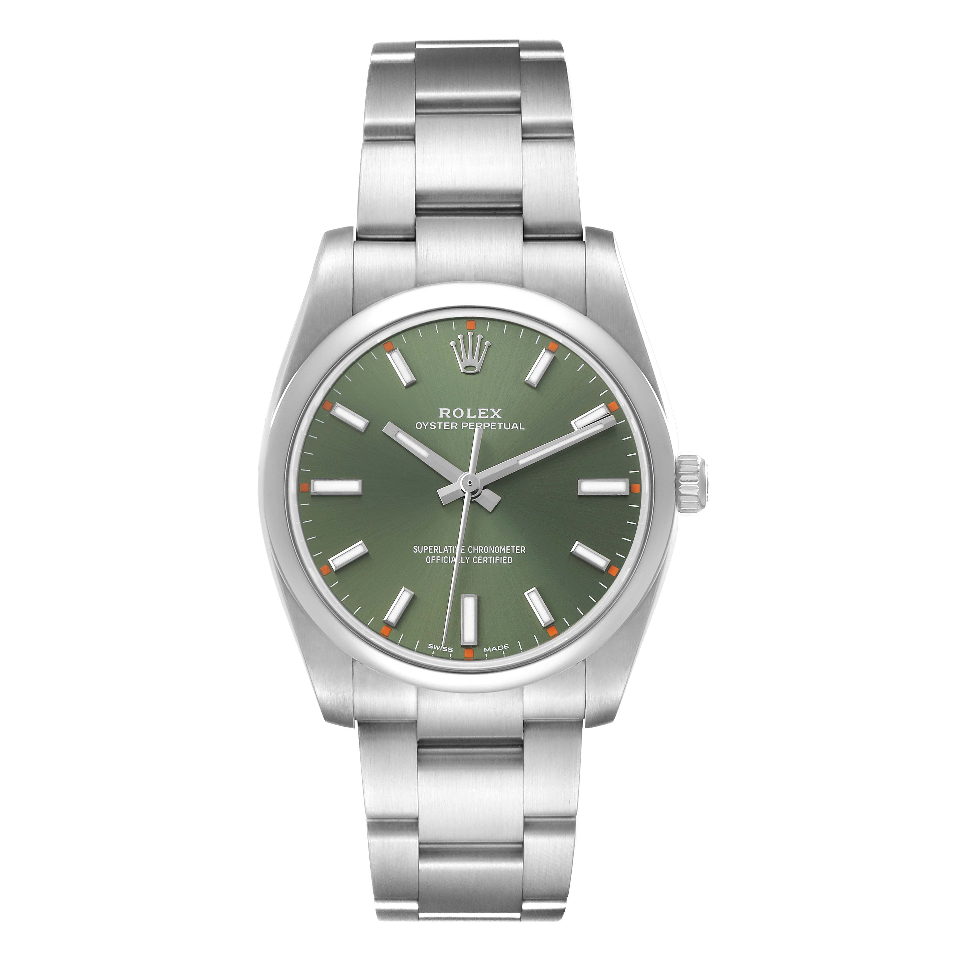 The Rolex Oyster Perpetual 114200 Men's Stainless Steel Green Dial watch is shown from the front, displaying the dial, hands, and bracelet.