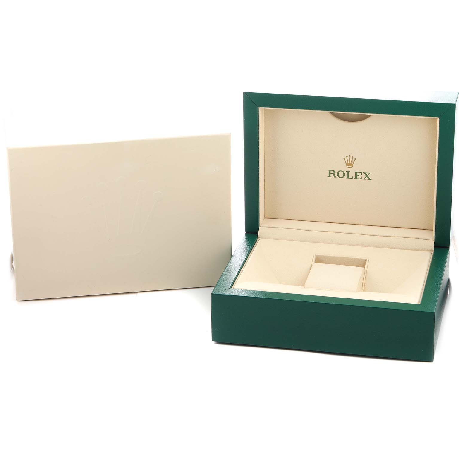 The image shows an open Rolex Oyster Perpetual 114200 Men's Stainless Steel Green Dial watch box and an outer packaging sleeve, photographed from the front.