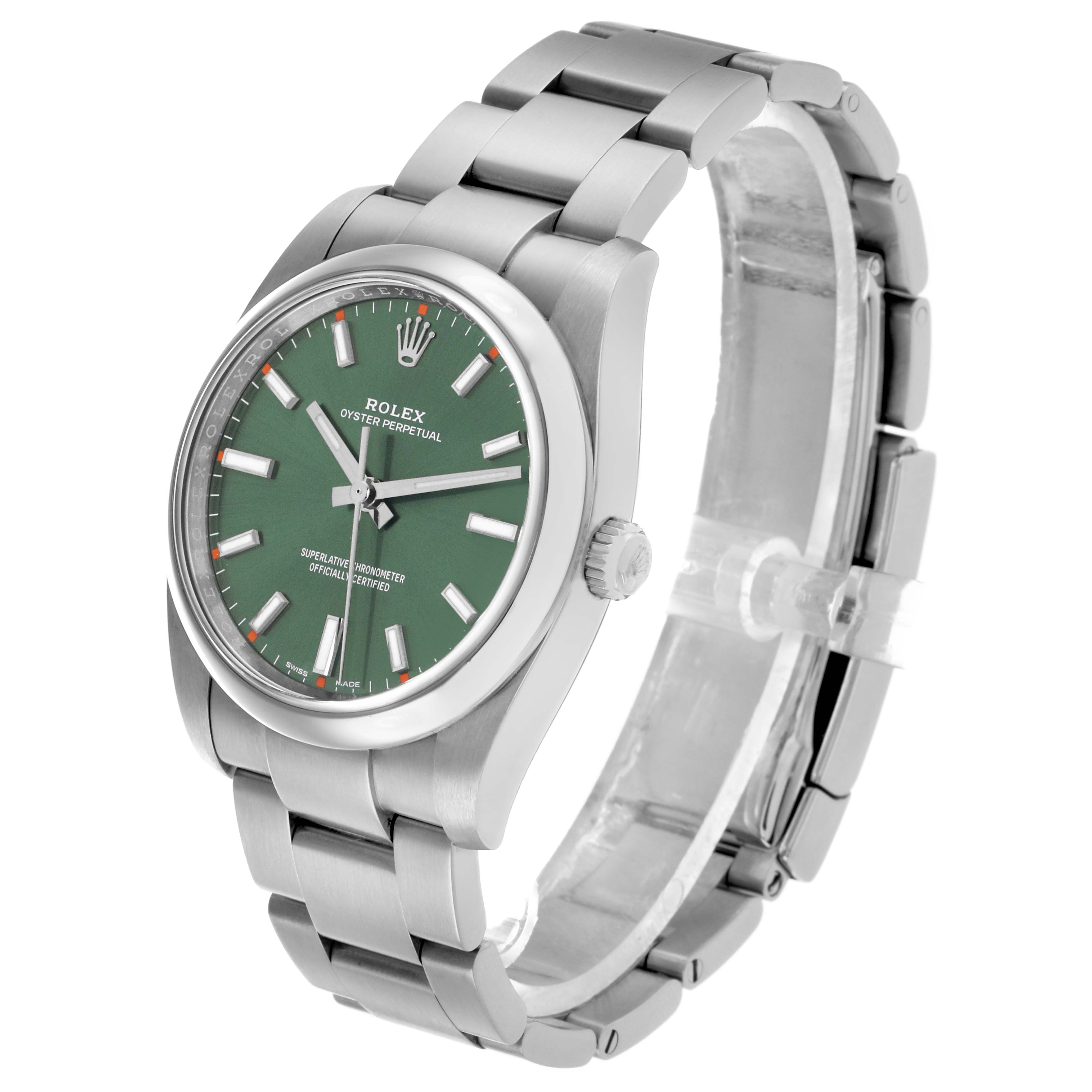 The Rolex Oyster Perpetual 114200 Men's Stainless Steel Green Dial watch is shown at an angle highlighting the face, bezel, crown, and part of the bracelet.