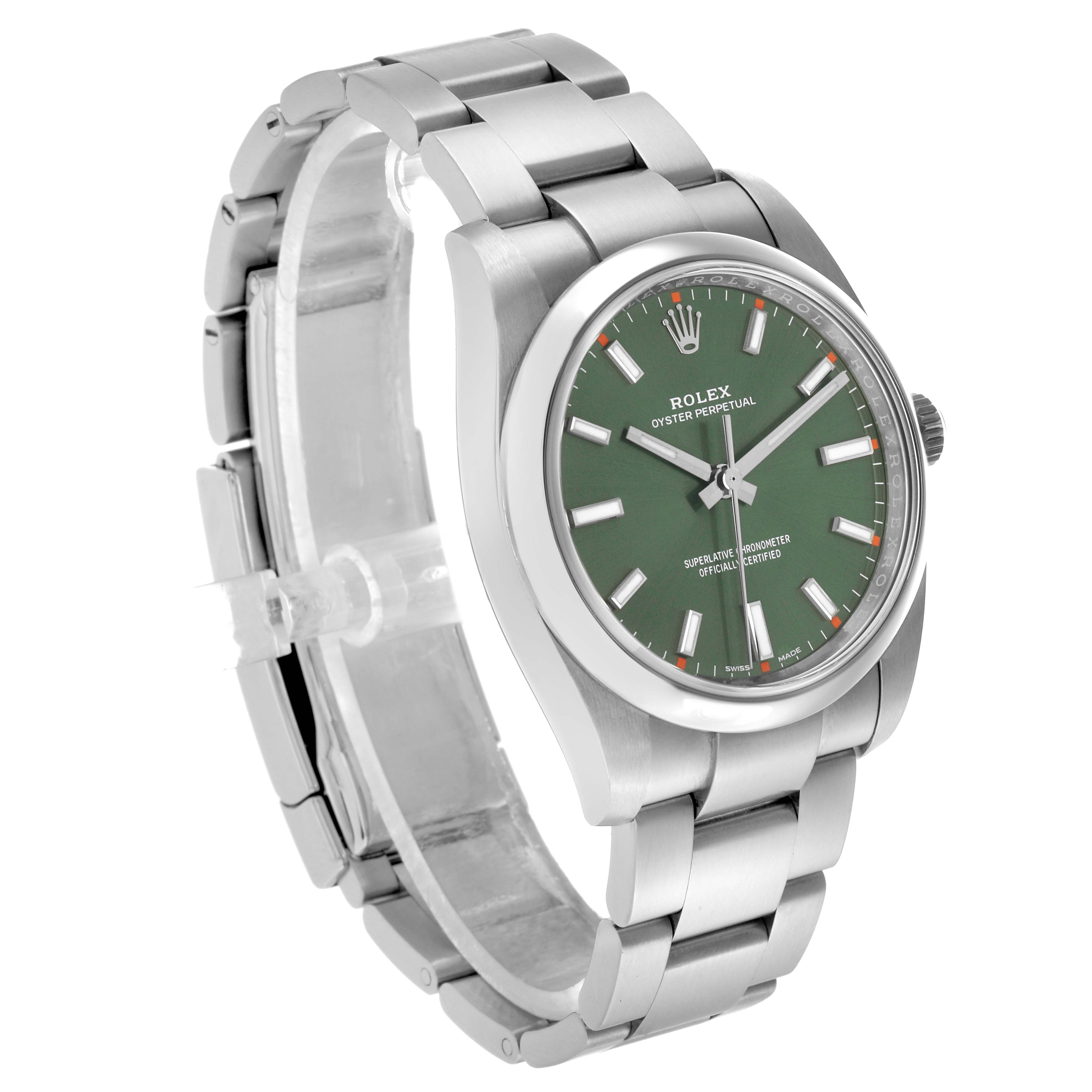 The Rolex Oyster Perpetual 114200 Men's Stainless Steel Green Dial watch is shown at a three-quarter angle, highlighting the green dial, bezel, and bracelet.