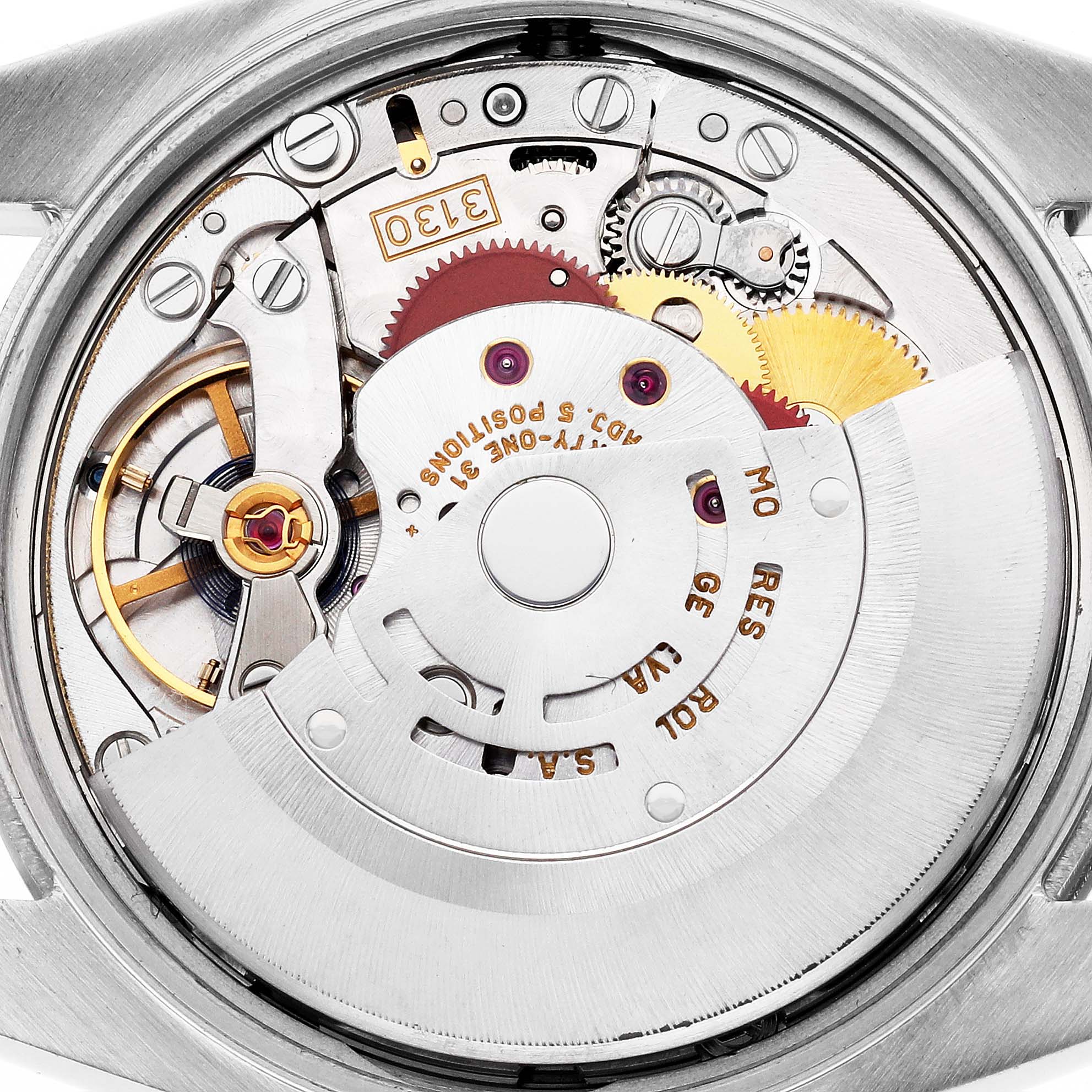 The image shows the movement of a Rolex Oyster Perpetual 114200 Men's Stainless Steel Green Dial, highlighting gears, balance wheel, and rotor from the back angle.