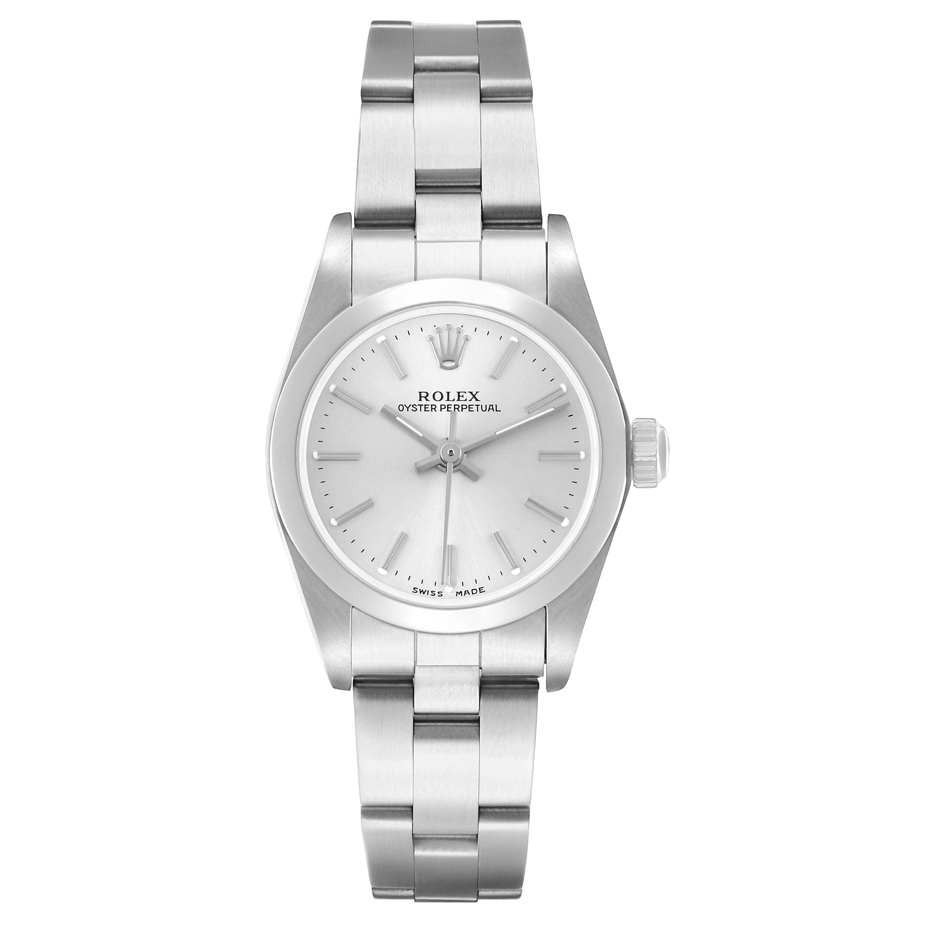 The Rolex Oyster Perpetual 76080 Women's Stainless Steel Silver Dial watch is shown from a front angle, displaying the dial, bezel, and metal bracelet.