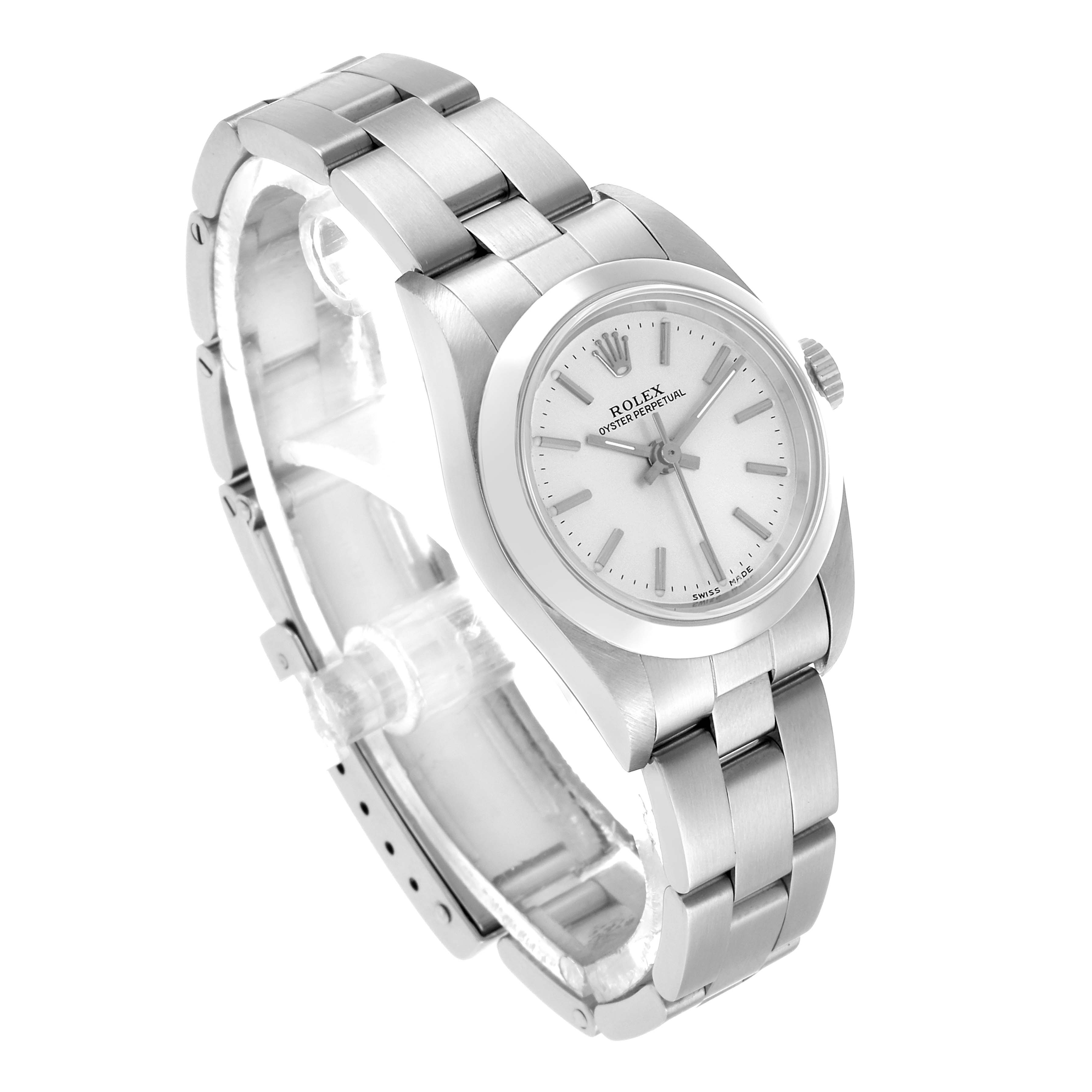 The Rolex Oyster Perpetual 76080 Women's Stainless Steel Silver Dial is shown at an angled view, highlighting the watch face, bezel, and bracelet.