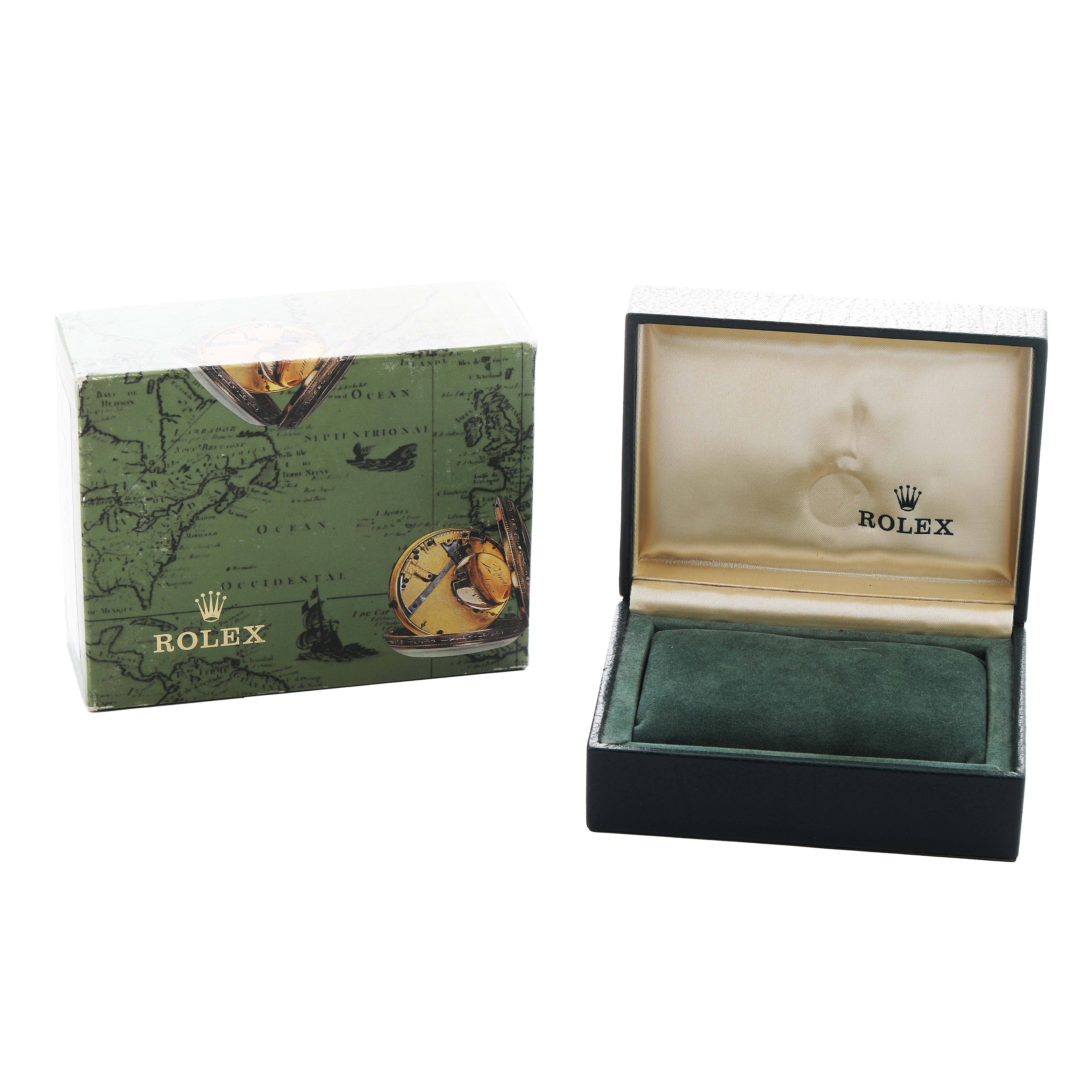 The image shows the packaging and an open box for the Rolex Oyster Perpetual 76080 Women's Stainless Steel Silver Dial watch, displaying its storage interior.