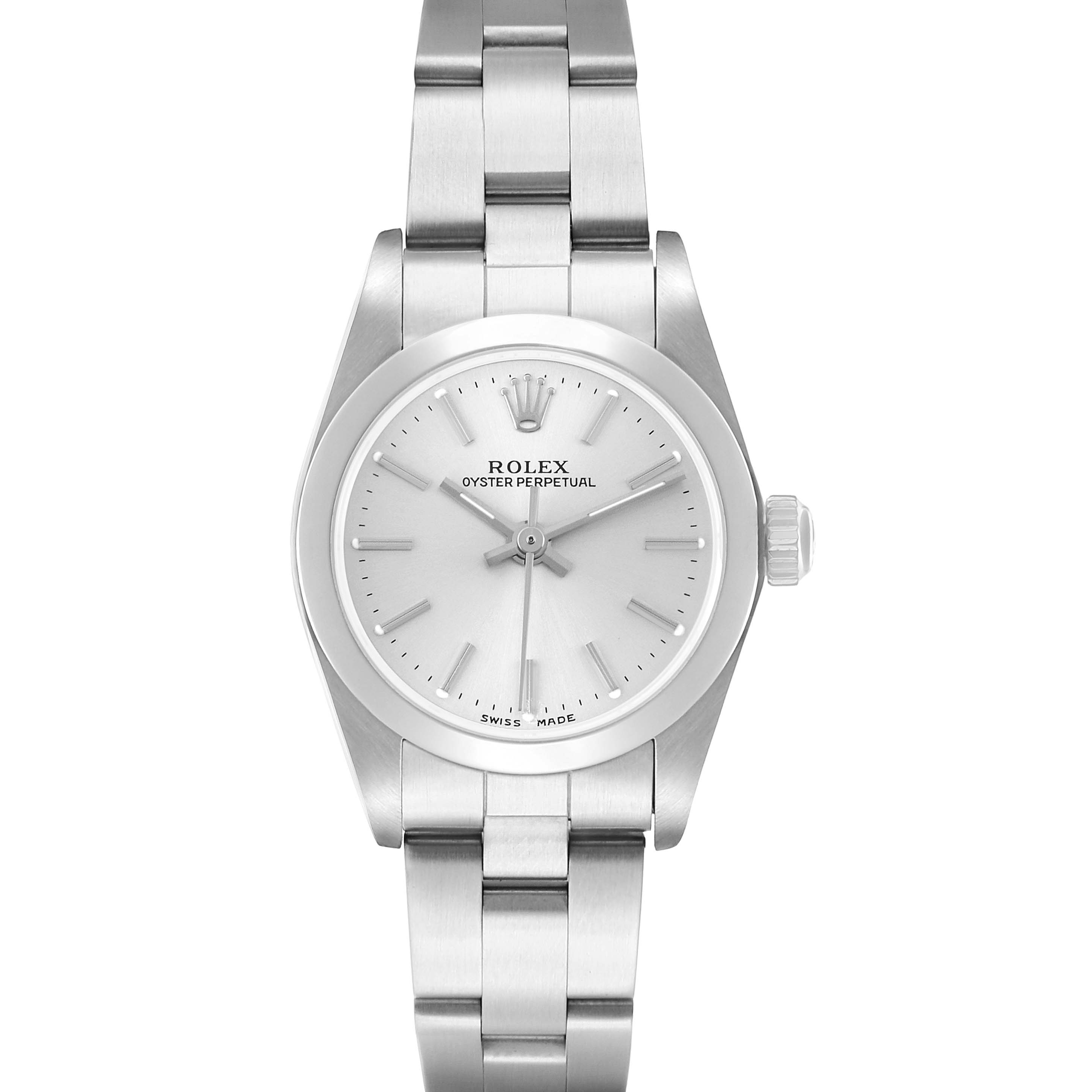 The Rolex Oyster Perpetual 76080 Women's Stainless Steel Silver Dial watch is shown from the front, displaying the dial, case, crown, and bracelet in full view.