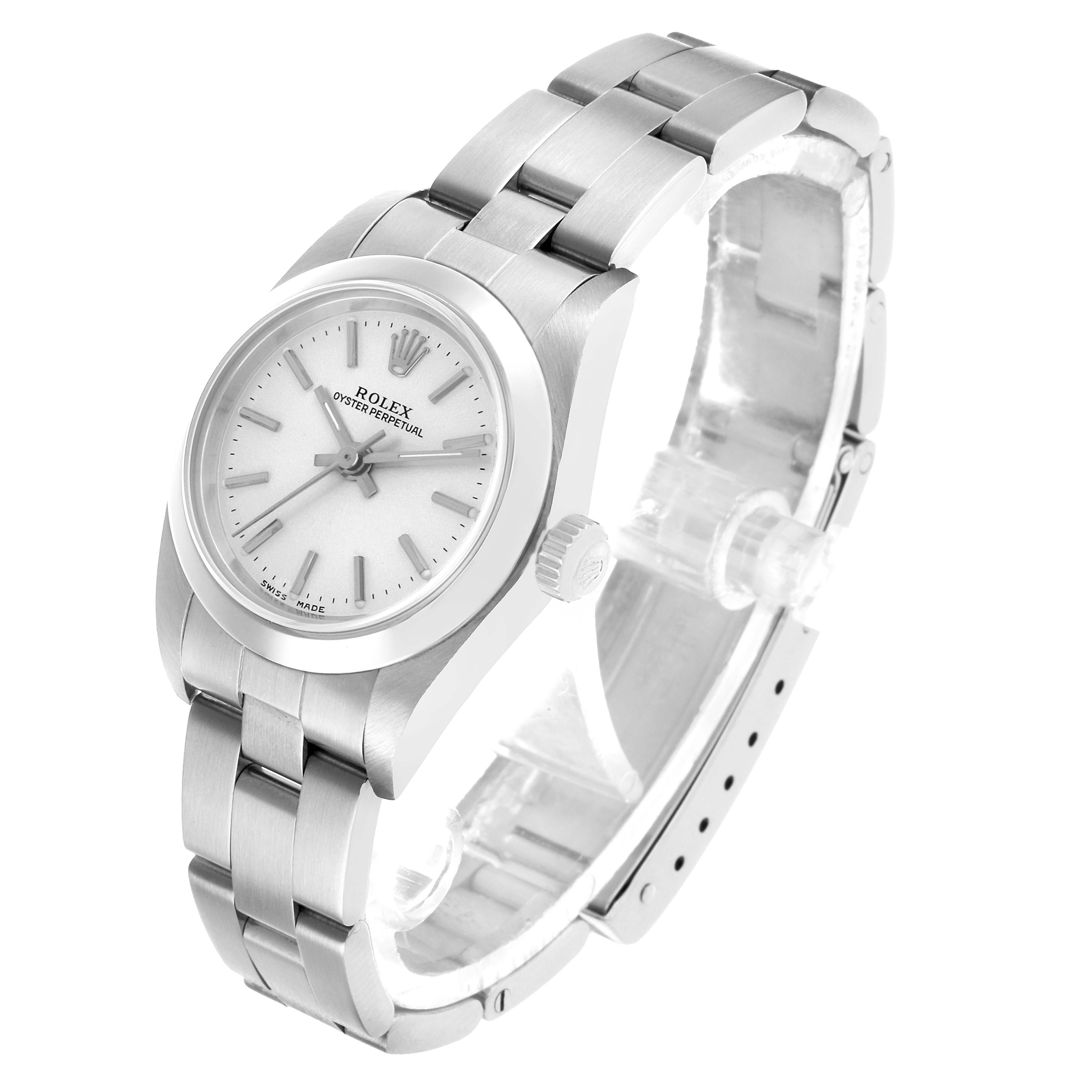 The Rolex Oyster Perpetual 76080 Women's Stainless Steel Silver Dial watch is shown at a three-quarter angle, displaying the face, bezel, bracelet, and crown.