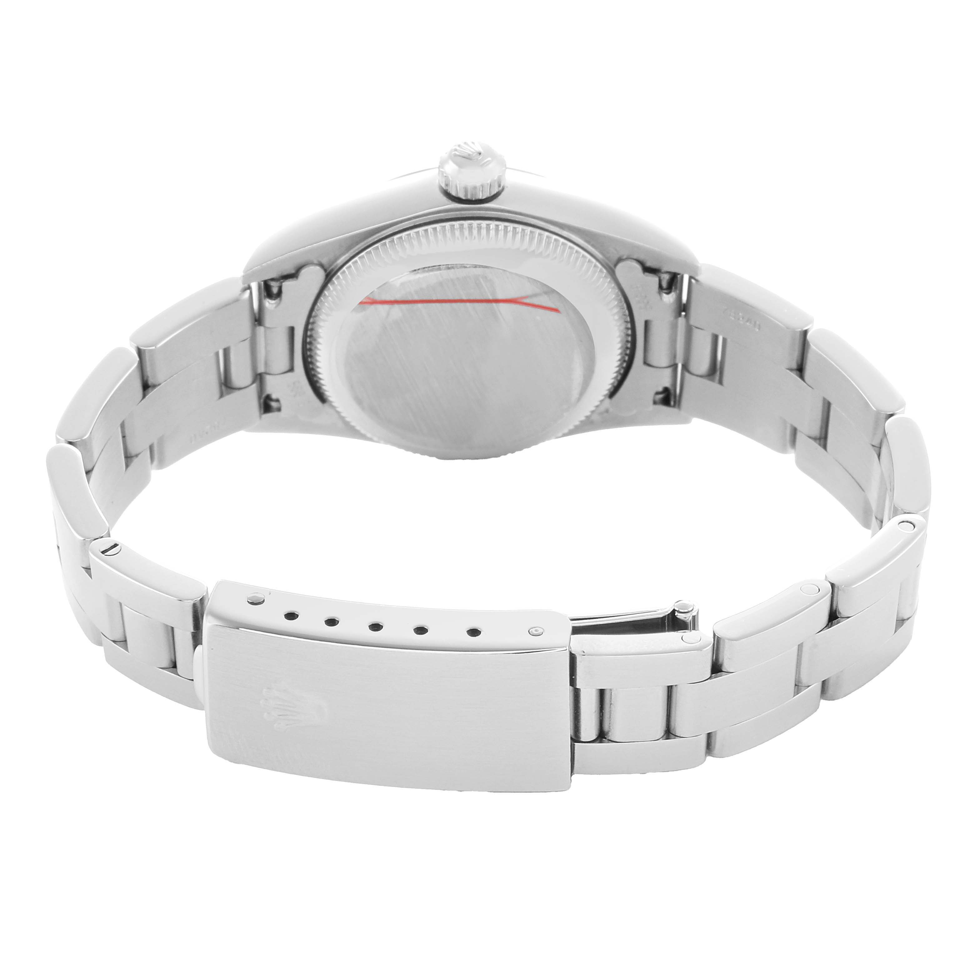 The Rolex Oyster Perpetual 76080 Women's Stainless Steel Silver Dial watch is shown from the back, highlighting the clasp, bracelet, and case back.