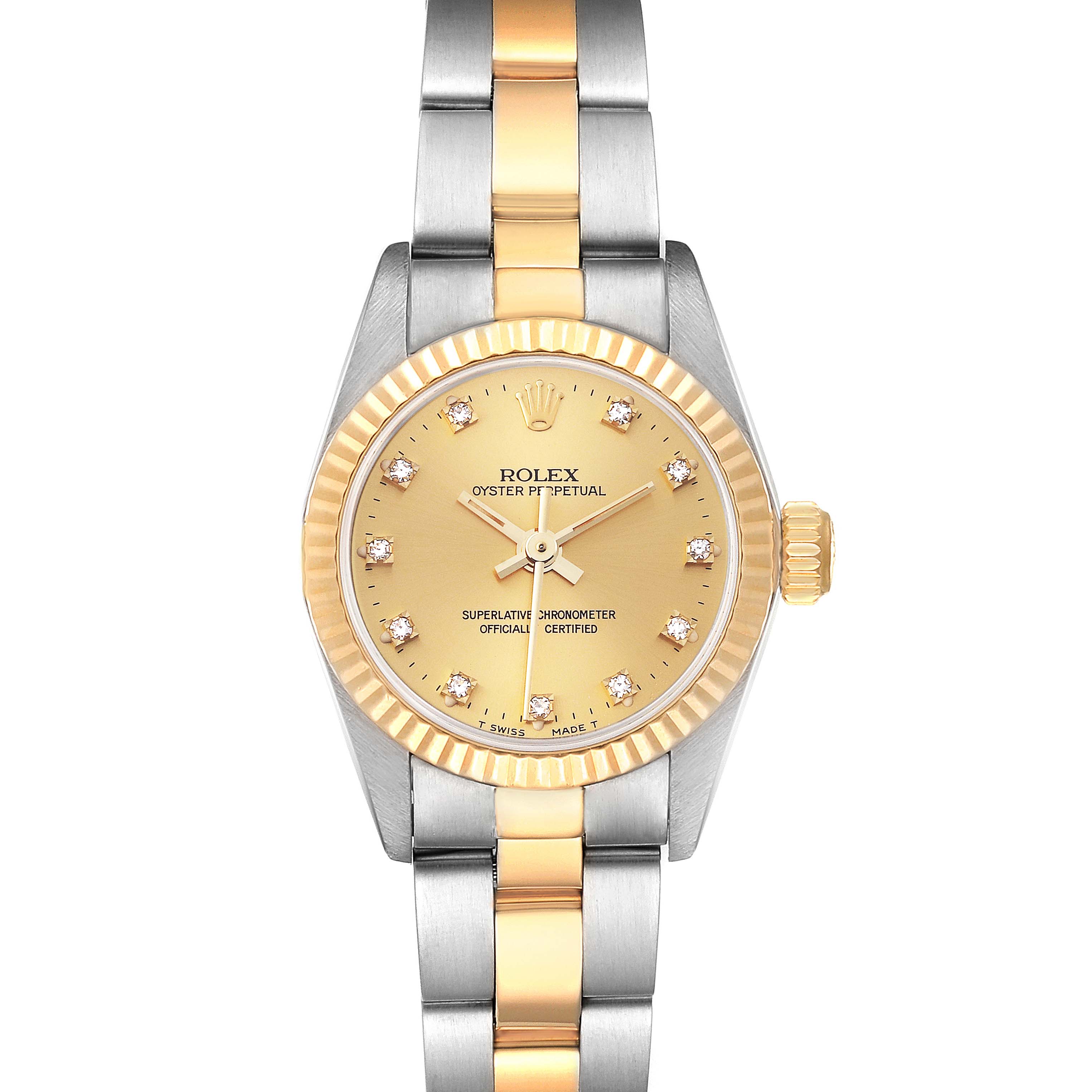 This image shows a front view of the Rolex Oyster Perpetual 67193 Women's Steel and Gold (two tone) Champagne Dial 67193 Women's Steel and Gold (two tone) Champagne Dial watch, featuring a gold and silver two-tone bracelet.