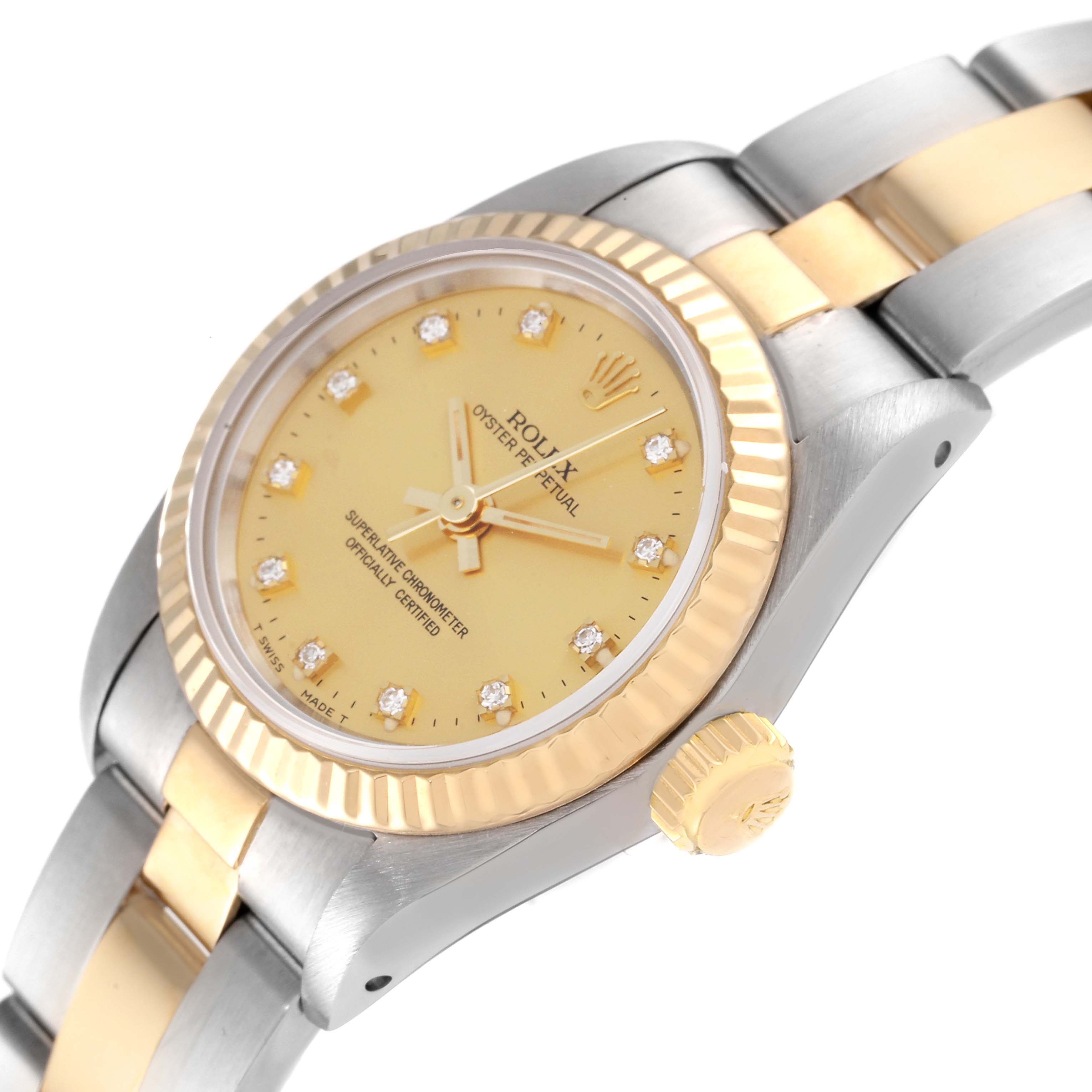 The image shows a side angle of a Rolex Oyster Perpetual 67193 Women's Steel and Gold (two tone) Champagne Dial 67193 Women's Steel and Gold (two tone) Champagne Dial watch, highlighting its gold bezel, crown, and dual-tone bracelet.