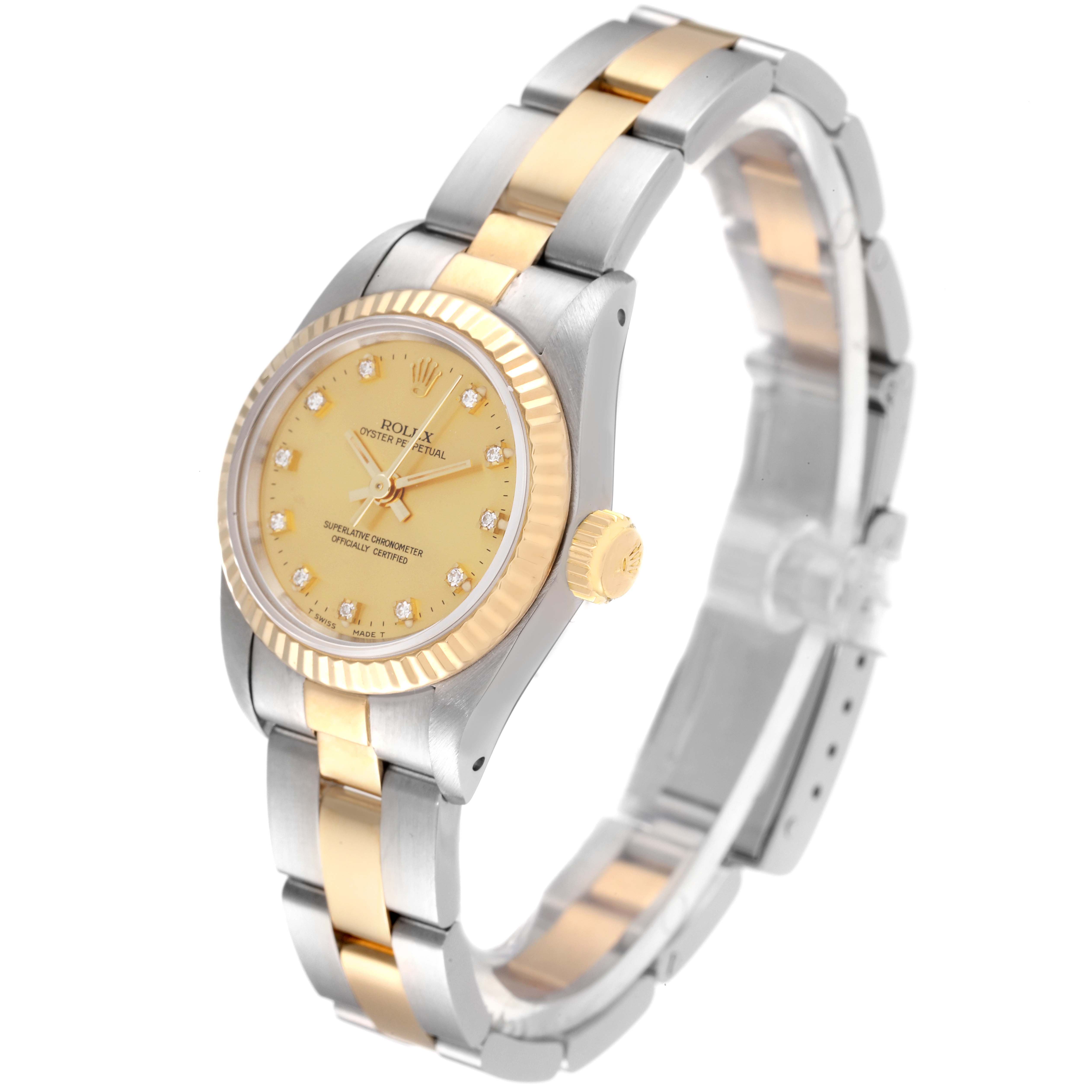 The image shows a Rolex Oyster Perpetual 67193 Women's Steel and Gold (two tone) Champagne Dial 67193 Women's Steel and Gold (two tone) Champagne Dial watch angled from the front left, highlighting the face, bezel, crown, and bracelet.