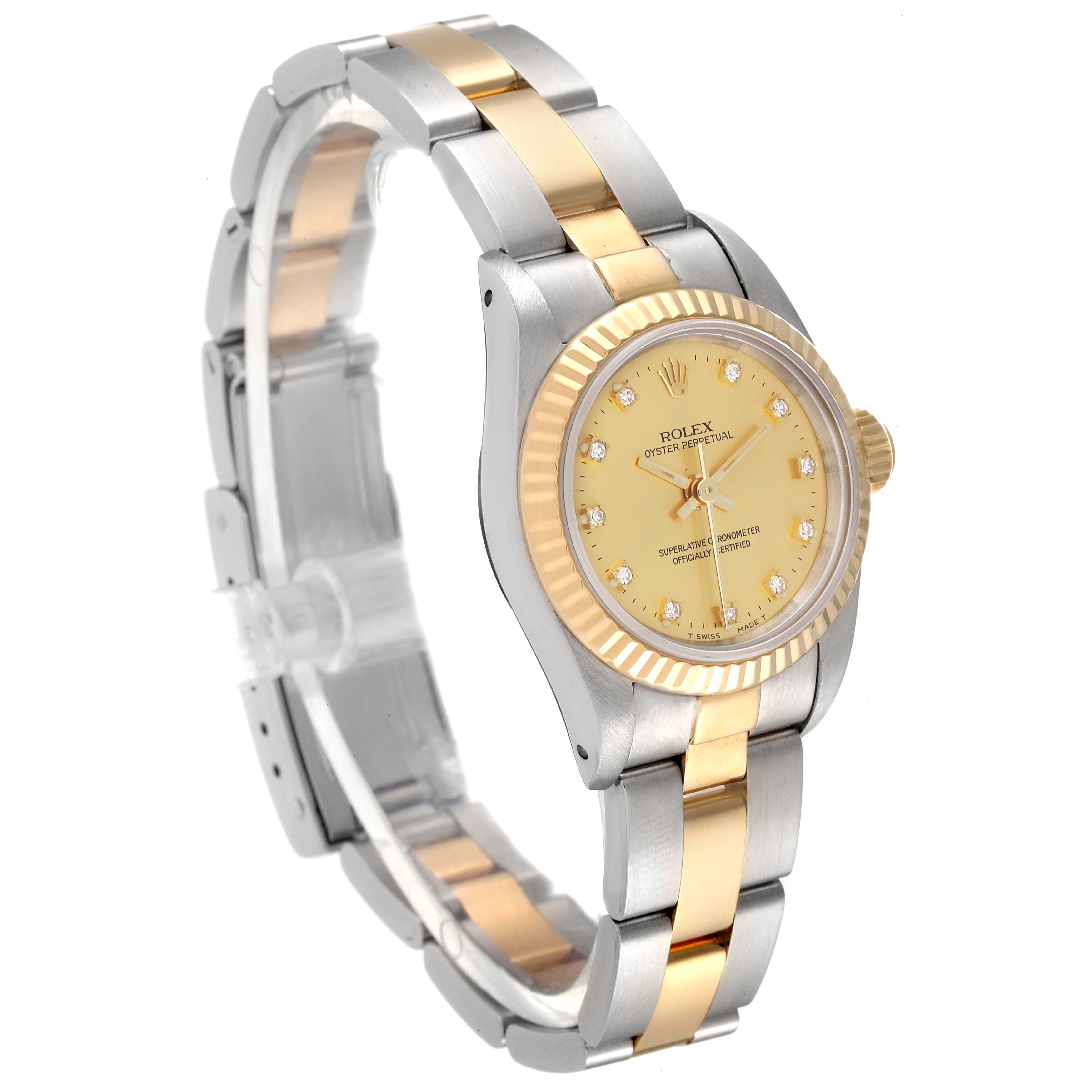 The image displays a side angle of a Rolex Oyster Perpetual 67193 Women's Steel and Gold (two tone) Champagne Dial 67193 Women's Steel and Gold (two tone) Champagne Dial watch, showing its bimetallic band and gold face with diamond hour markers.