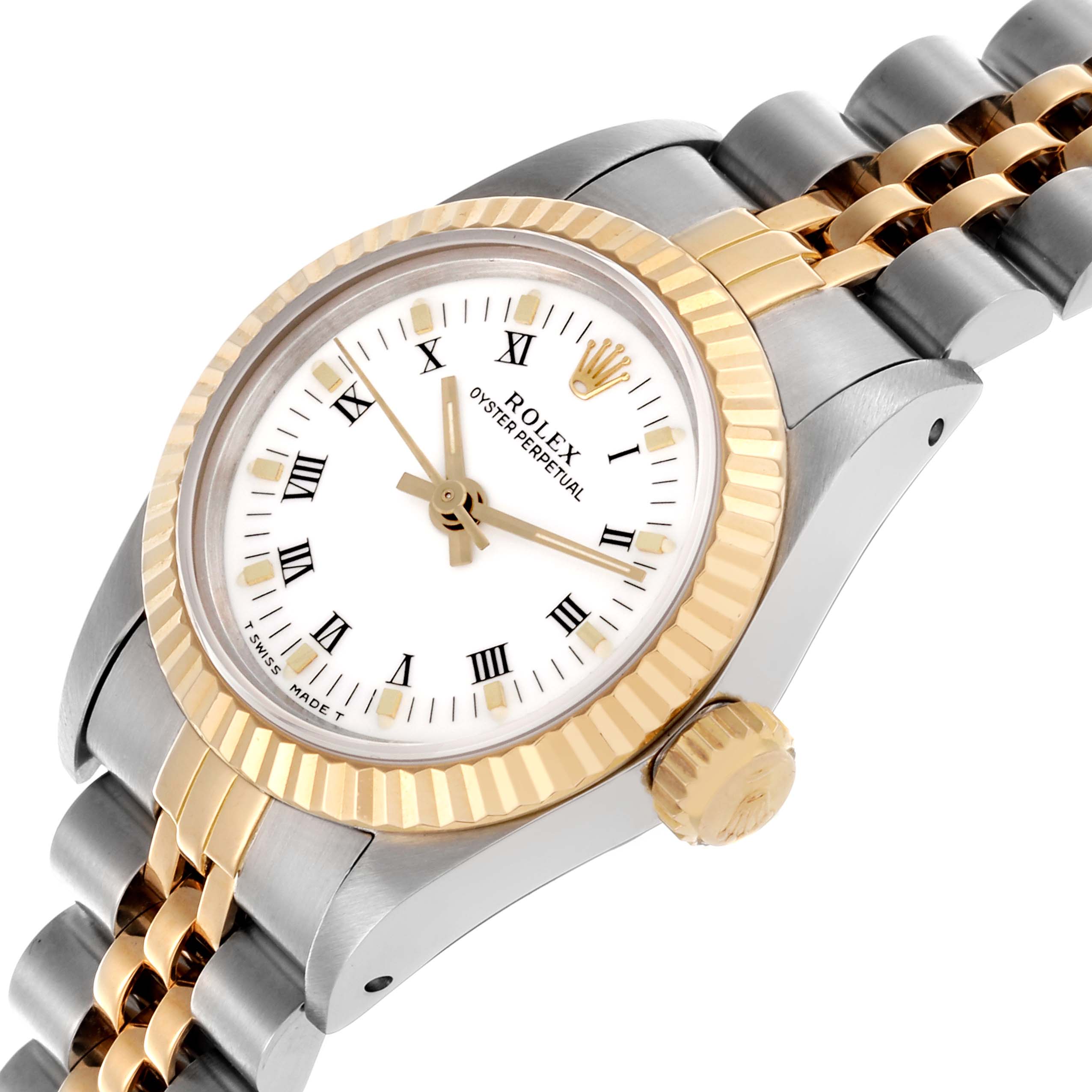 The image shows the Rolex Oyster Perpetual 67193 Women
s Steel and Gold (two tone) White Dial 67193 Women
s Steel and Gold (two tone) White Dial watch at an angled side view, highlighting the bezel, crown, face, and bracelet.