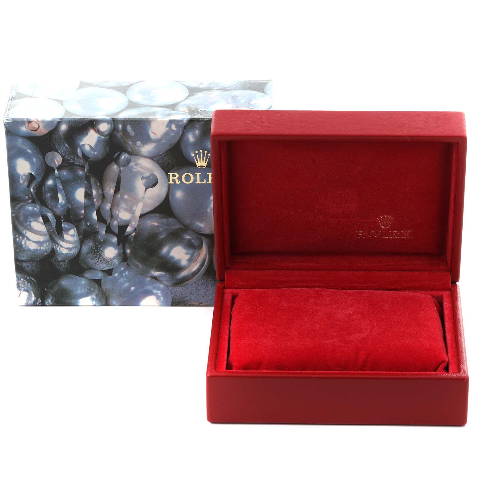 The image shows a Rolex Oyster Perpetual 67193 Women
s Steel and Gold (two tone) White Dial 67193 Women
s Steel and Gold (two tone) White Dial watch box and outer packaging with a red velvet interior.