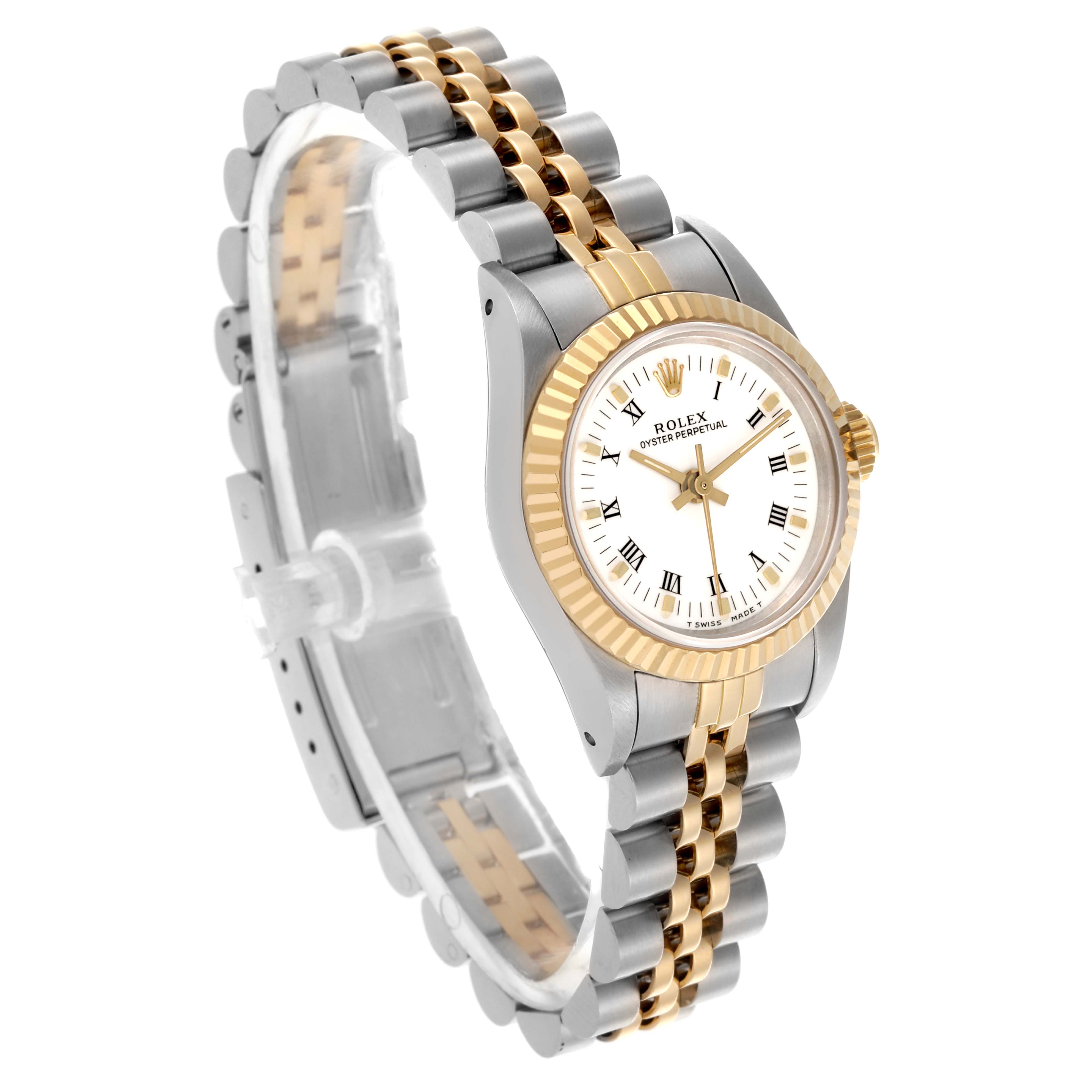 The Rolex Oyster Perpetual 67193 Women
s Steel and Gold (two tone) White Dial 67193 Women
s Steel and Gold (two tone) White Dial watch is shown at an angled view, highlighting the bezel, dial, and two-tone bracelet.