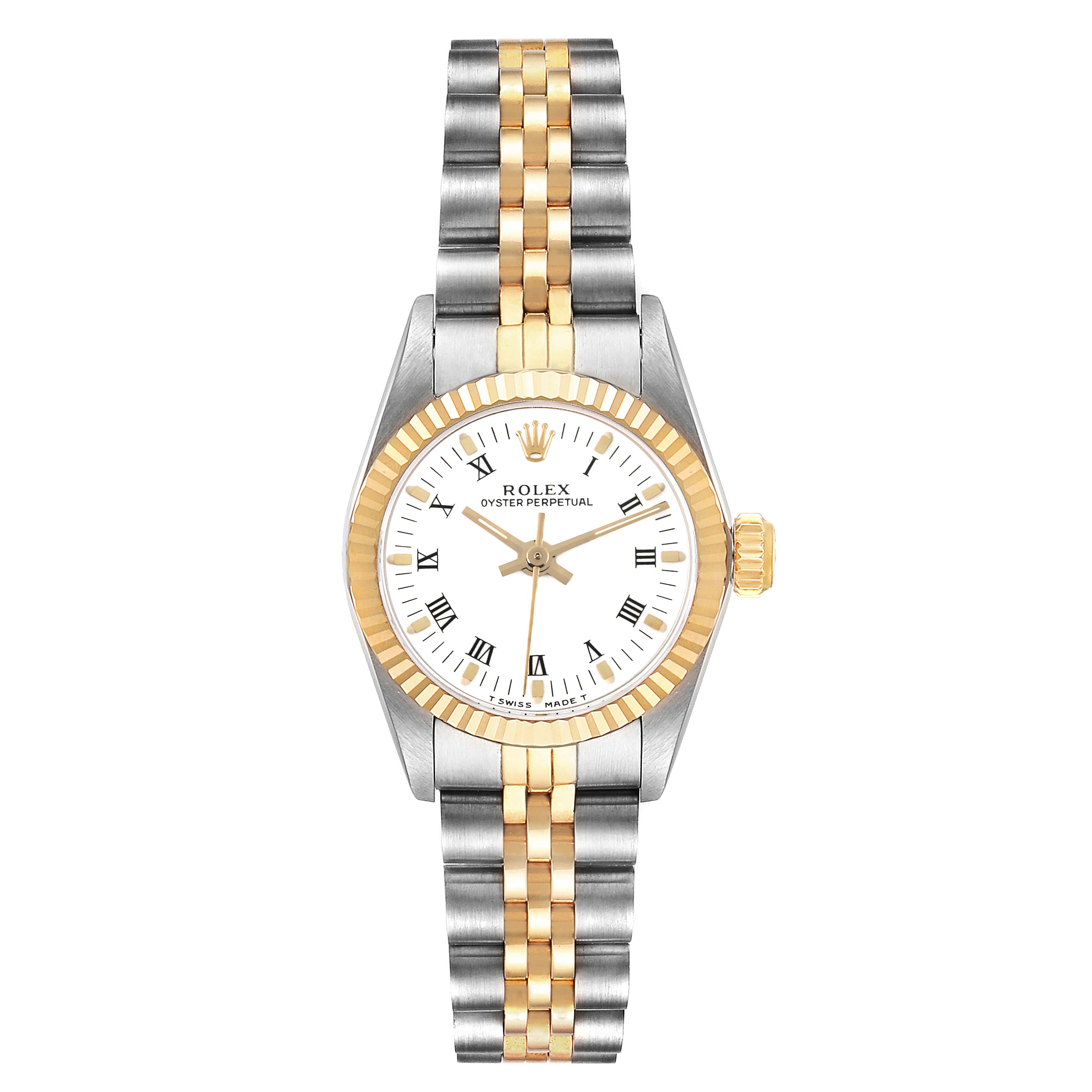 The Rolex Oyster Perpetual 67193 Women
s Steel and Gold (two tone) White Dial 67193 Women
s Steel and Gold (two tone) White Dial watch is shown from the front, displaying the face, bezel, and bi-color bracelet.
