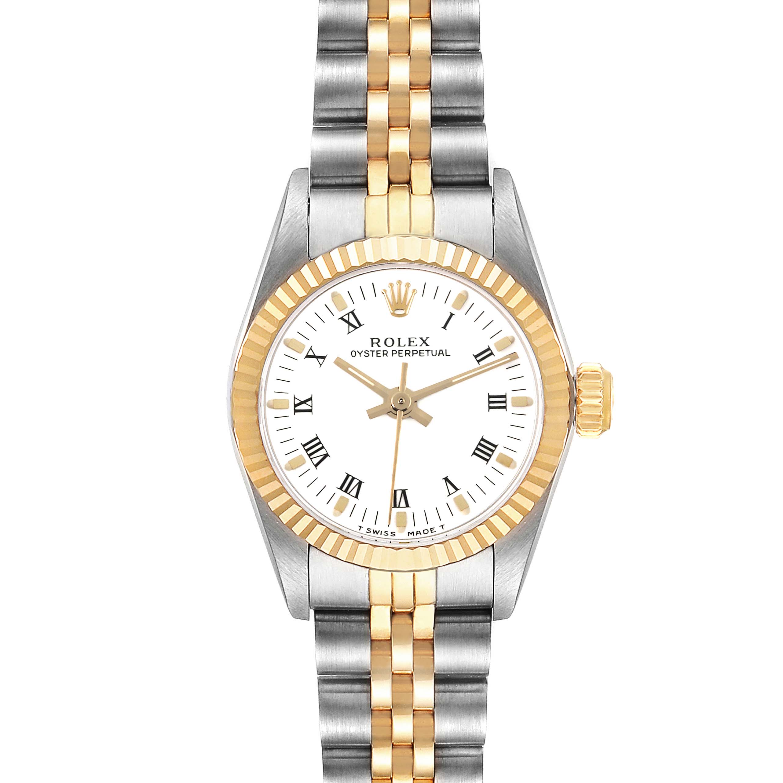 The Rolex Oyster Perpetual 67193 Women
s Steel and Gold (two tone) White Dial 67193 Women
s Steel and Gold (two tone) White Dial watch is shown from a front angle, displaying the bracelet, dial, bezel, and crown.