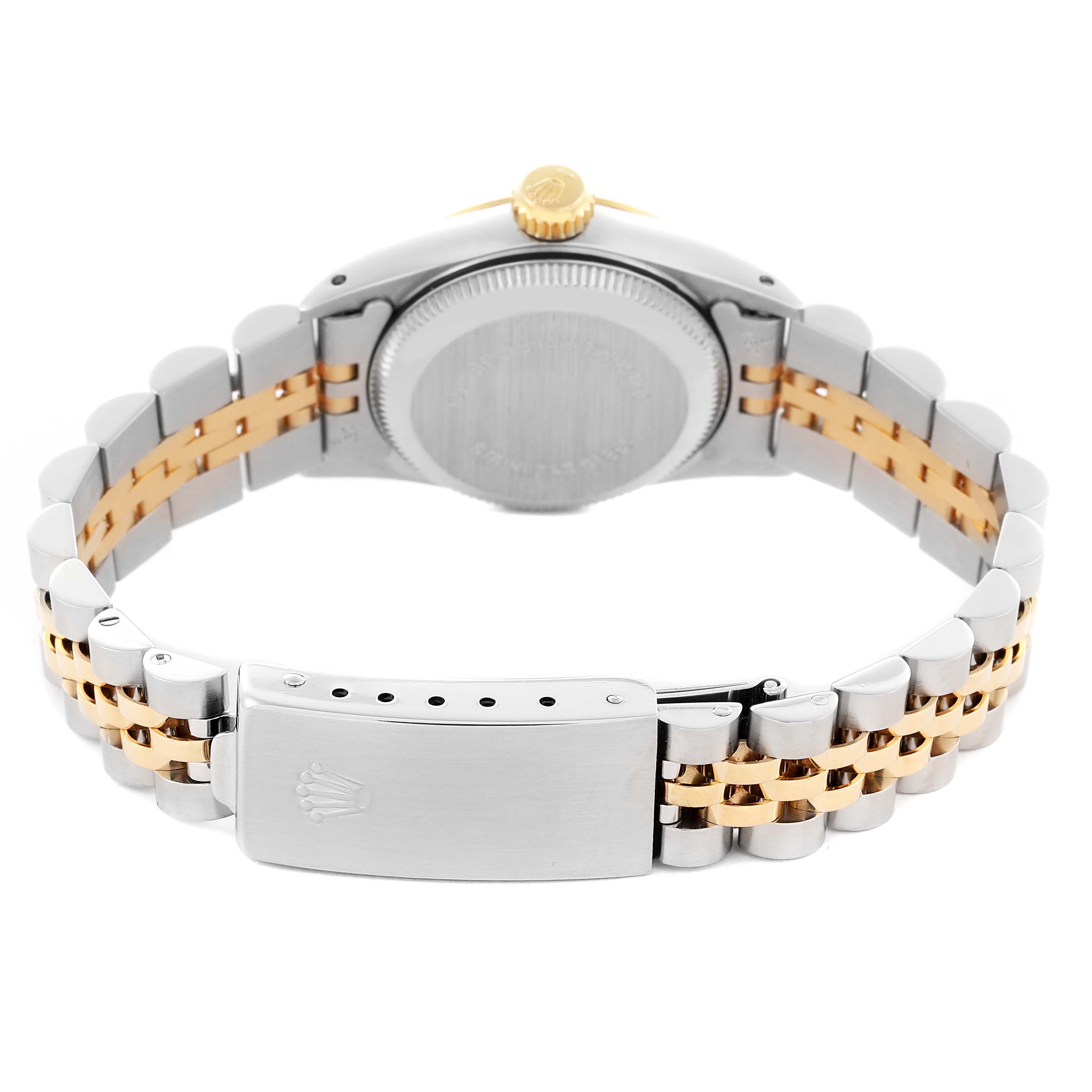 The Rolex Oyster Perpetual 67193 Women
s Steel and Gold (two tone) White Dial 67193 Women
s Steel and Gold (two tone) White Dial watch is shown from the back, highlighting the bracelet and clasp.