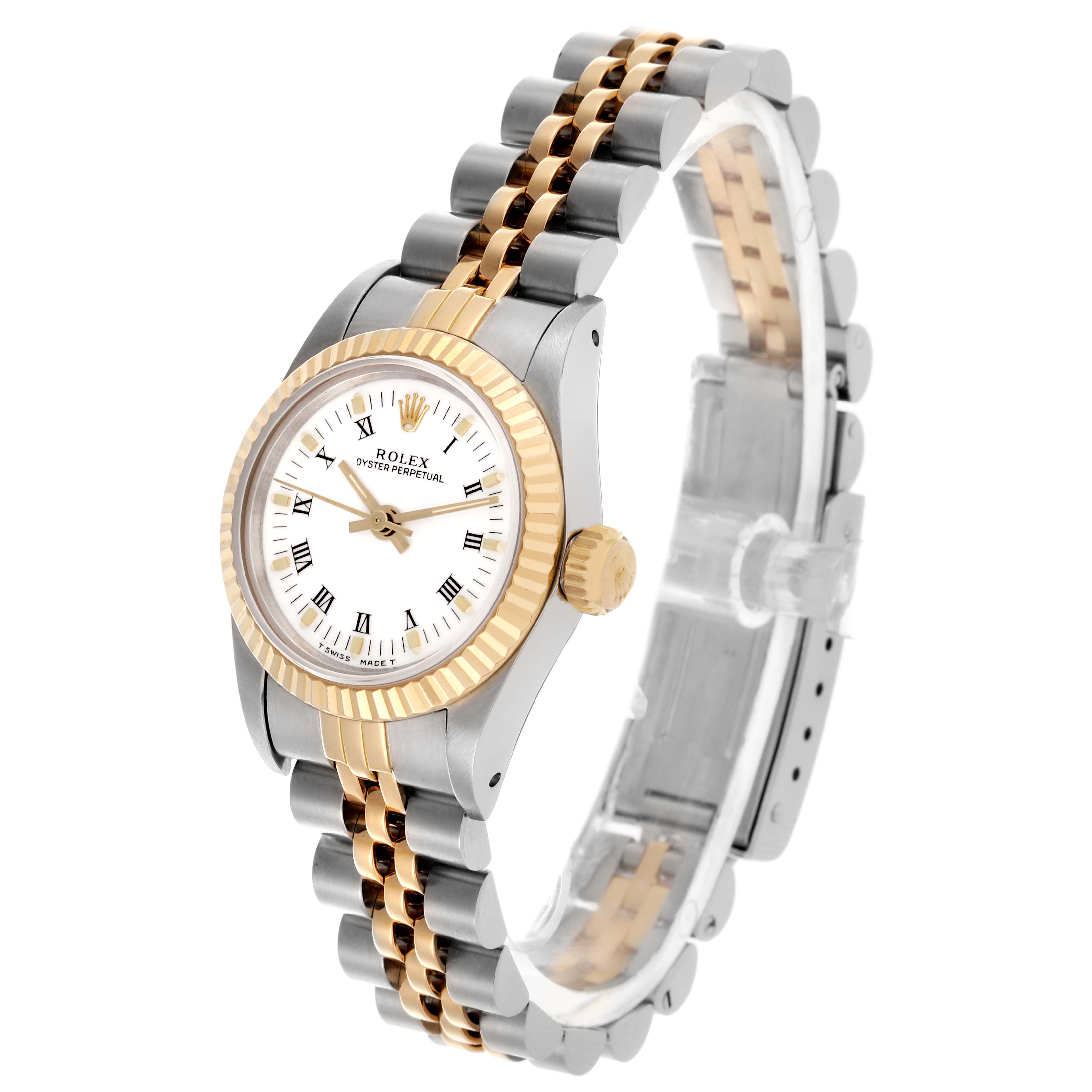 The Rolex Oyster Perpetual 67193 Women
s Steel and Gold (two tone) White Dial 67193 Women
s Steel and Gold (two tone) White Dial watch is shown at a three-quarter angle, displaying the dial, bezel, crown, and bracelet.