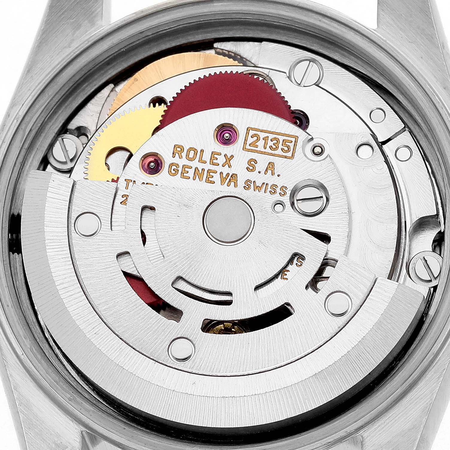 The image shows the internal mechanism of the Rolex Oyster Perpetual 67193 Women
s Steel and Gold (two tone) White Dial 67193 Women
s Steel and Gold (two tone) White Dial from a top-down angle, highlighting gears and the rotor.