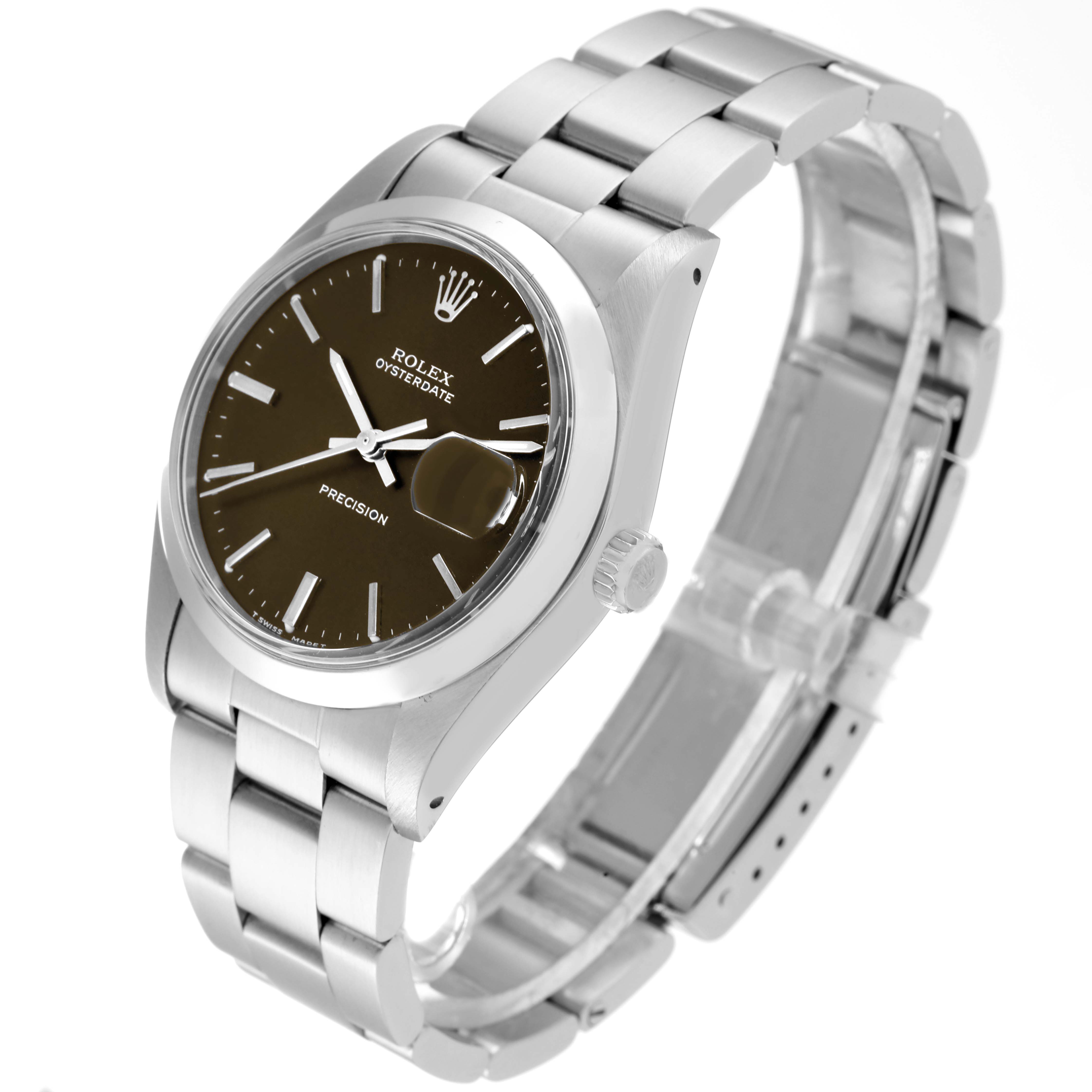 The image shows a side view angle of the Rolex Vintage Collection 6694 Men's Stainless Steel Brown Dial 6694 Men's Stainless Steel Brown Dial watch, revealing its bracelet, crown, and dial.