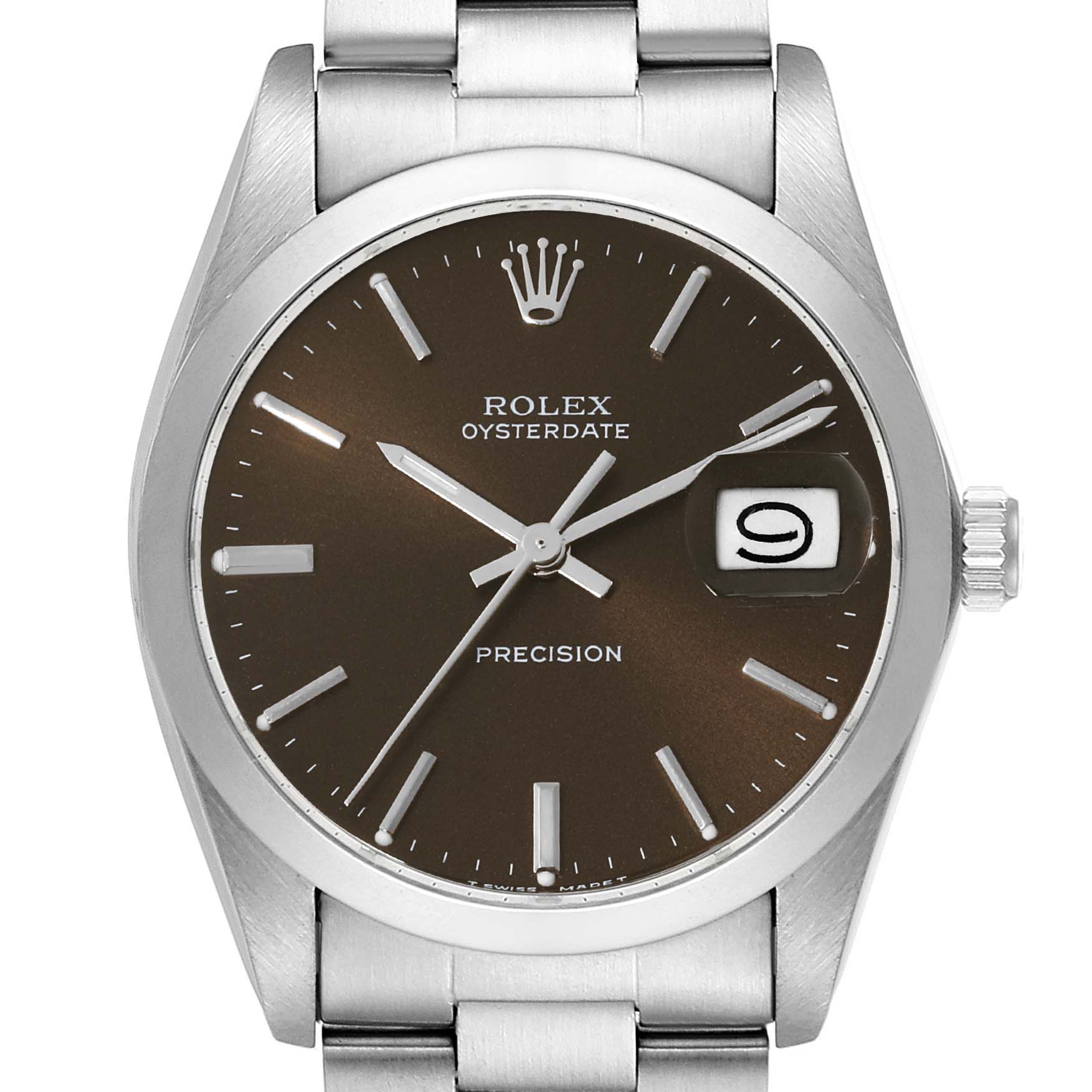 This image shows a front view of the Rolex Vintage Collection 6694 Men's Stainless Steel Brown Dial 6694 Men's Stainless Steel Brown Dial Oysterdate Precision watch, highlighting its face and stainless steel strap.