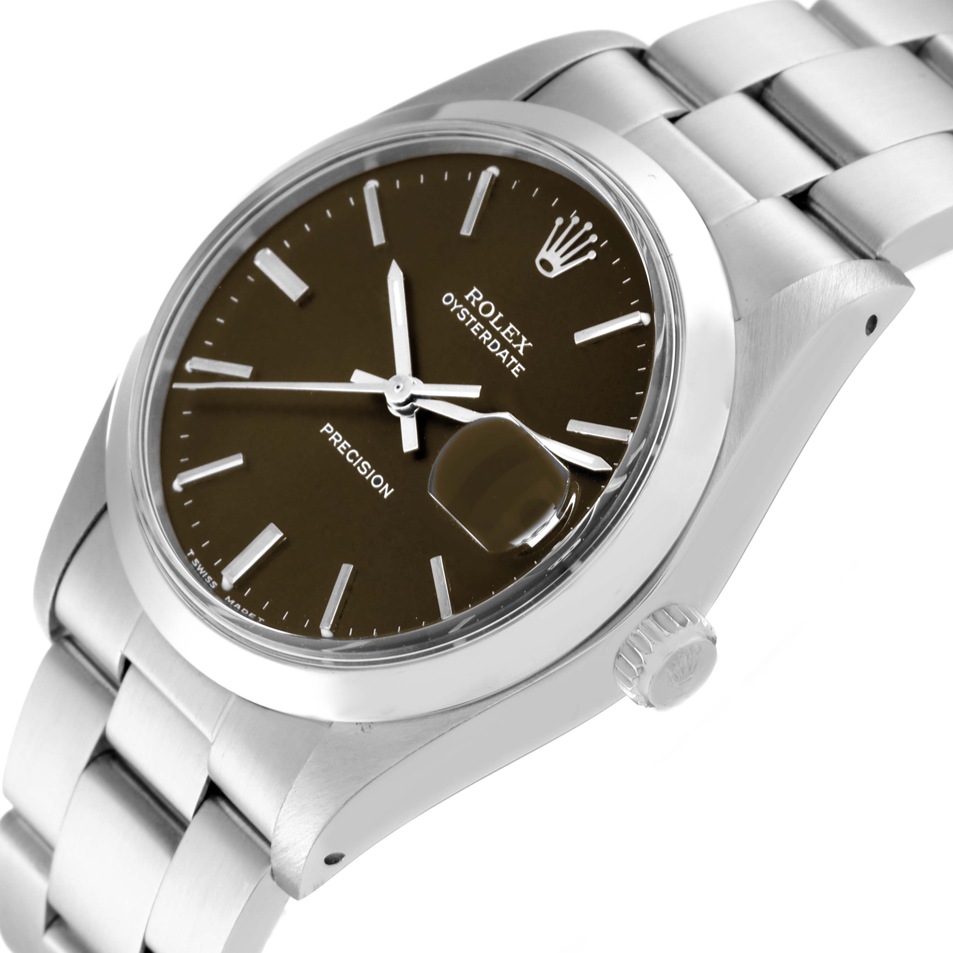 The image shows a Rolex Vintage Collection 6694 Men's Stainless Steel Brown Dial 6694 Men's Stainless Steel Brown Dial watch at an angled view, displaying the dial, bracelet, crown, and cyclops lens.