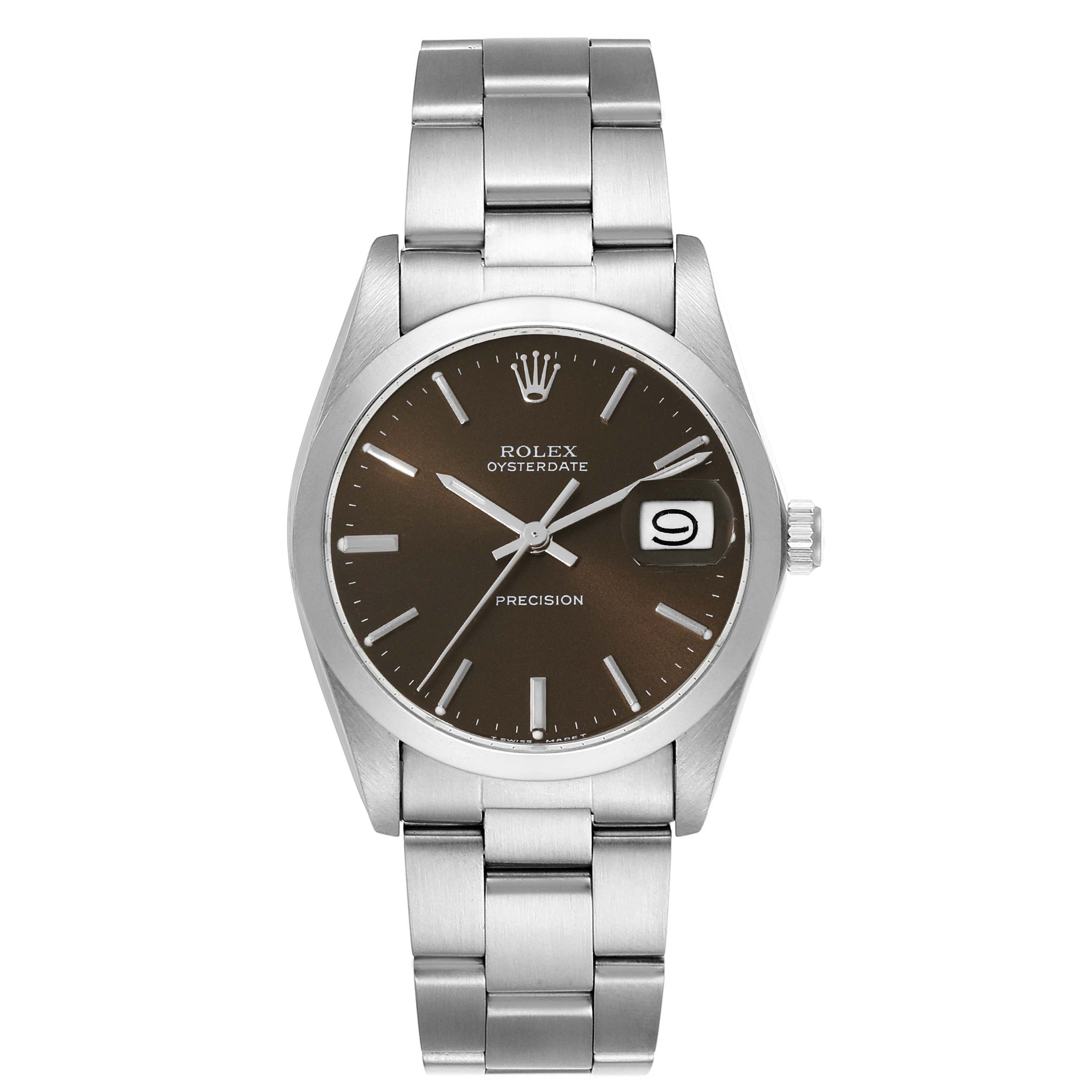 This image shows a front view of the Rolex Vintage Collection 6694 Men's Stainless Steel Brown Dial 6694 Men's Stainless Steel Brown Dial model, displaying the face, crown, and bracelet.
