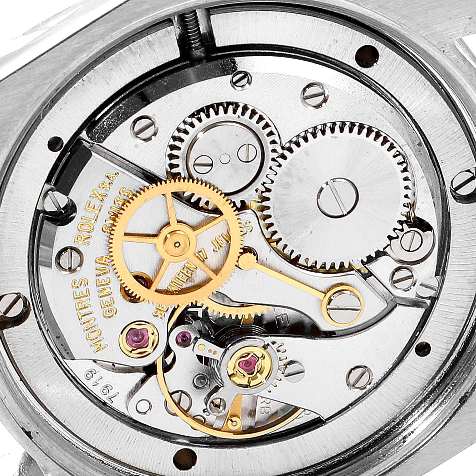 This image shows the internal gears and mechanism of the Rolex Vintage Collection 6694 Men
s Stainless Steel Silver Dial 6694 Men
s Stainless Steel Silver Dial model from a top-down angle.