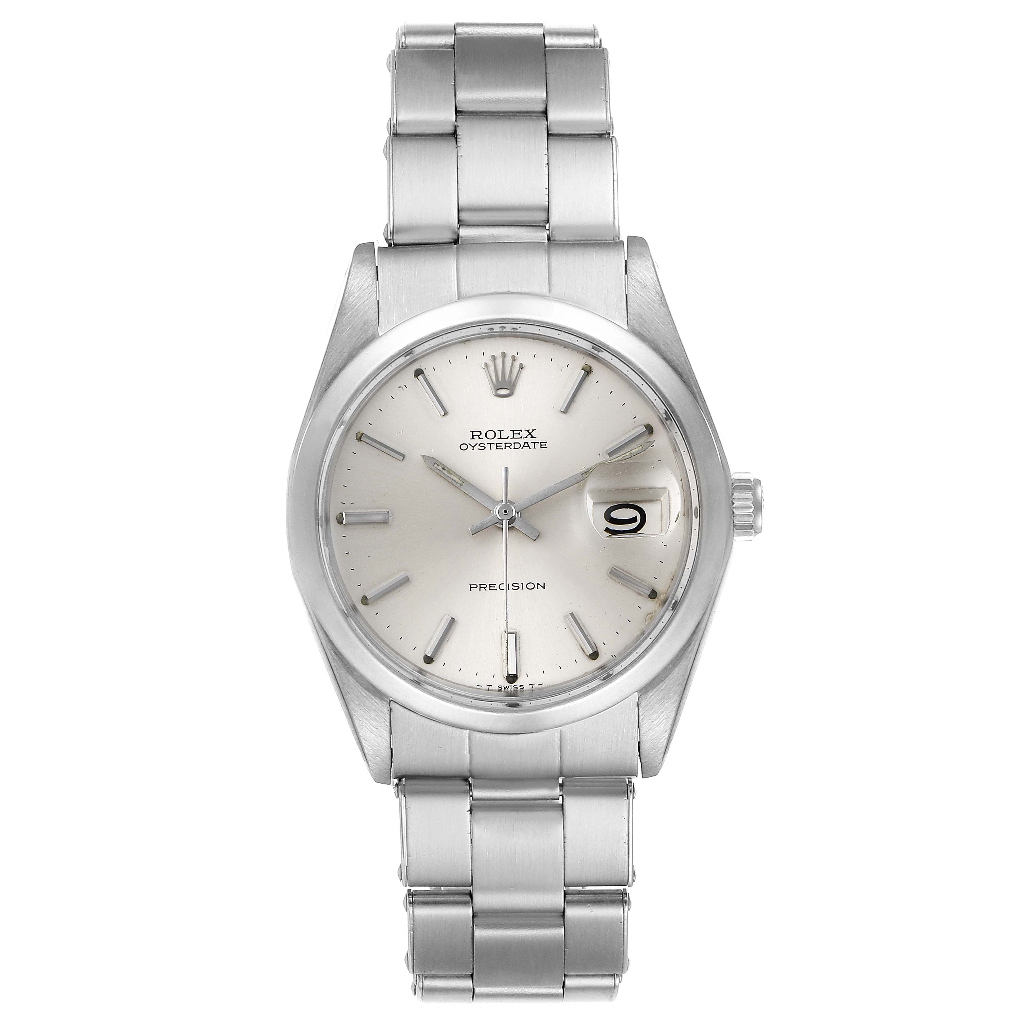 This image shows a front view of the Rolex Vintage Collection 6694 Men
s Stainless Steel Silver Dial 6694 Men
s Stainless Steel Silver Dial watch, featuring its dial, hands, crown, date window, and metal bracelet.