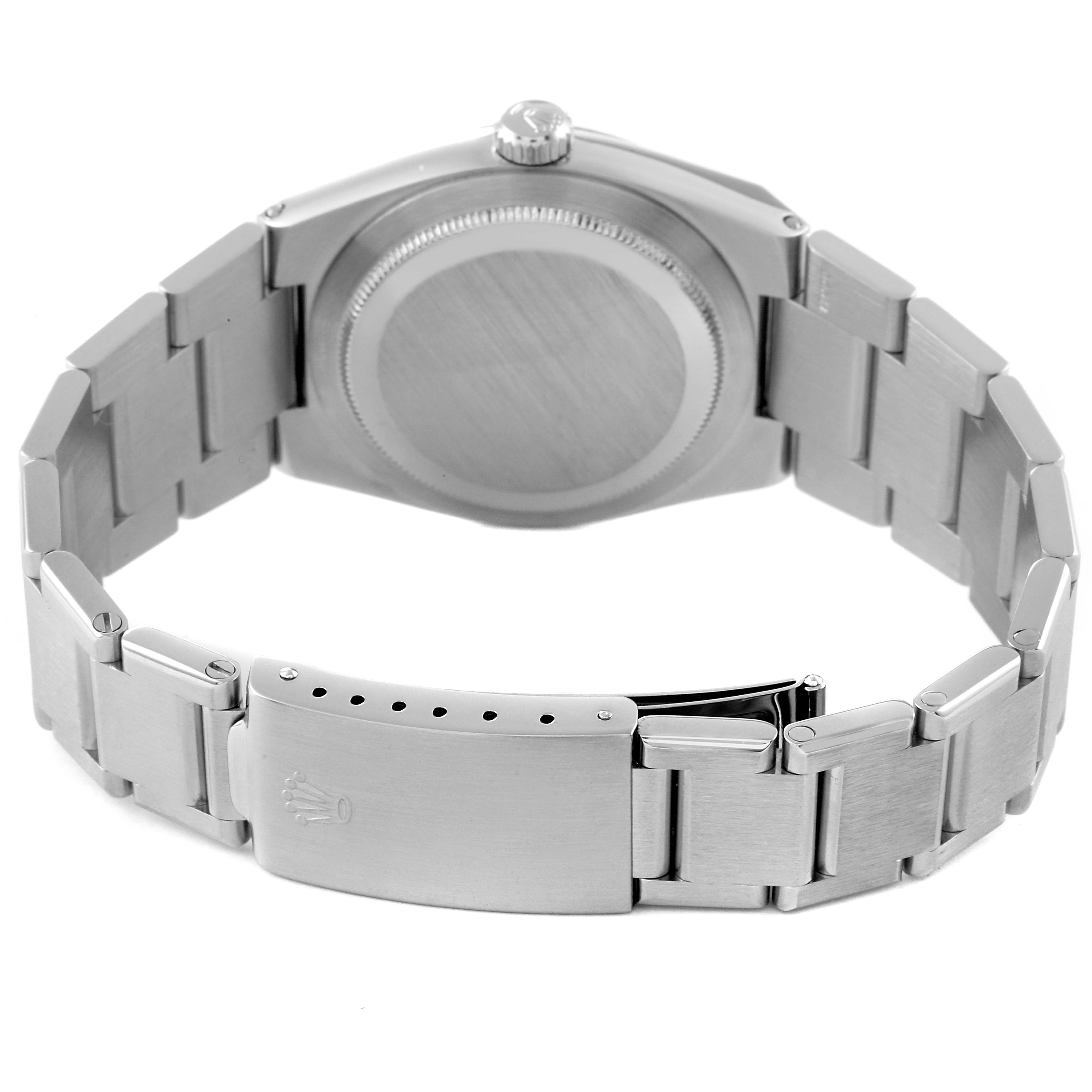 The image shows the back view of a Rolex Oysterquartz 17000 Men's Stainless Steel Silver Dial 17000 Men's Stainless Steel Silver Dial watch, focusing on the case, crown, and bracelet with the clasp.
